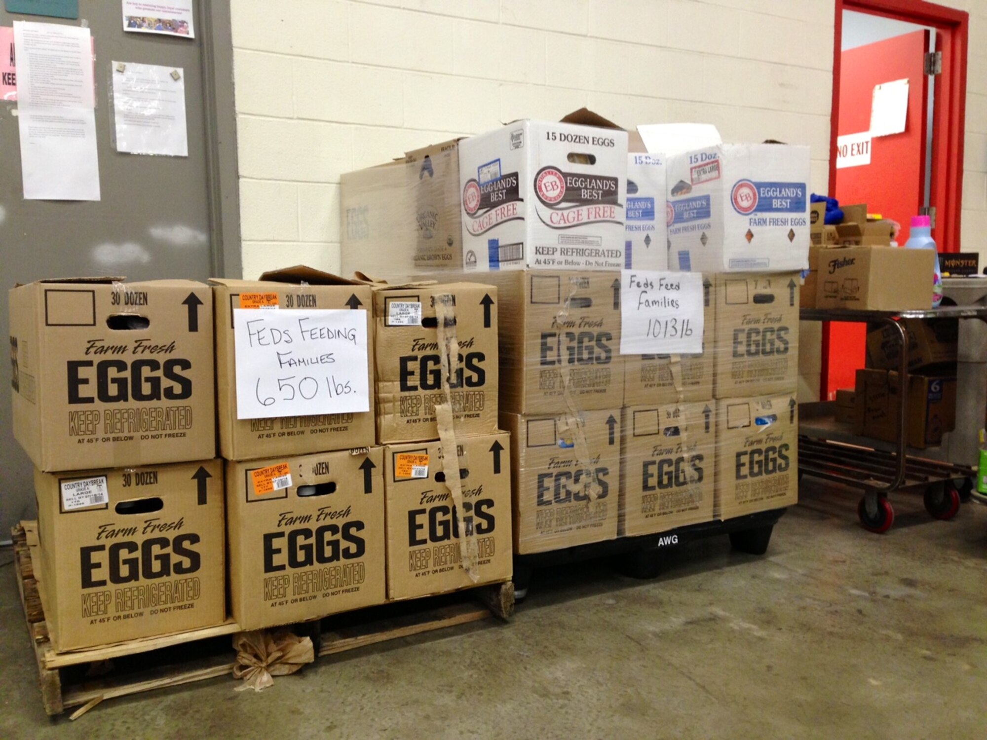 ALTUS AIR FORCE BASE, Okla. – Boxes of donated goods are prepared for loading onto a truck to be taken to a food pantry July 18, 2014. Items collected during Feds Feed Families campaign will be used to help families in need in the Altus area. The campaign runs through Aug. 31. (Courtesy Photo/Released)