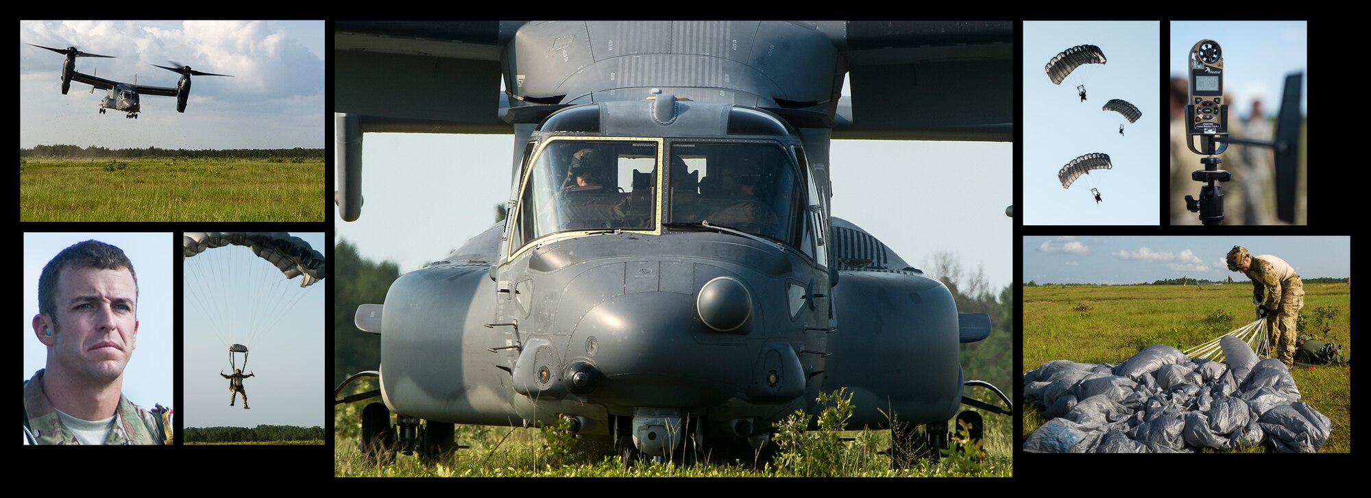 Members of the 8th Special Operations Squadron along with Special Tactics Airmen perform infiltration and exfiltration training over Eglin Range, Fla., July 23, 2014. The CV-22 Osprey can conduct long-range infiltration, exfiltration and resupply missions for special operations forces. (U.S. Air Force photo layout/Airman 1st Class Jeff Parkinson)