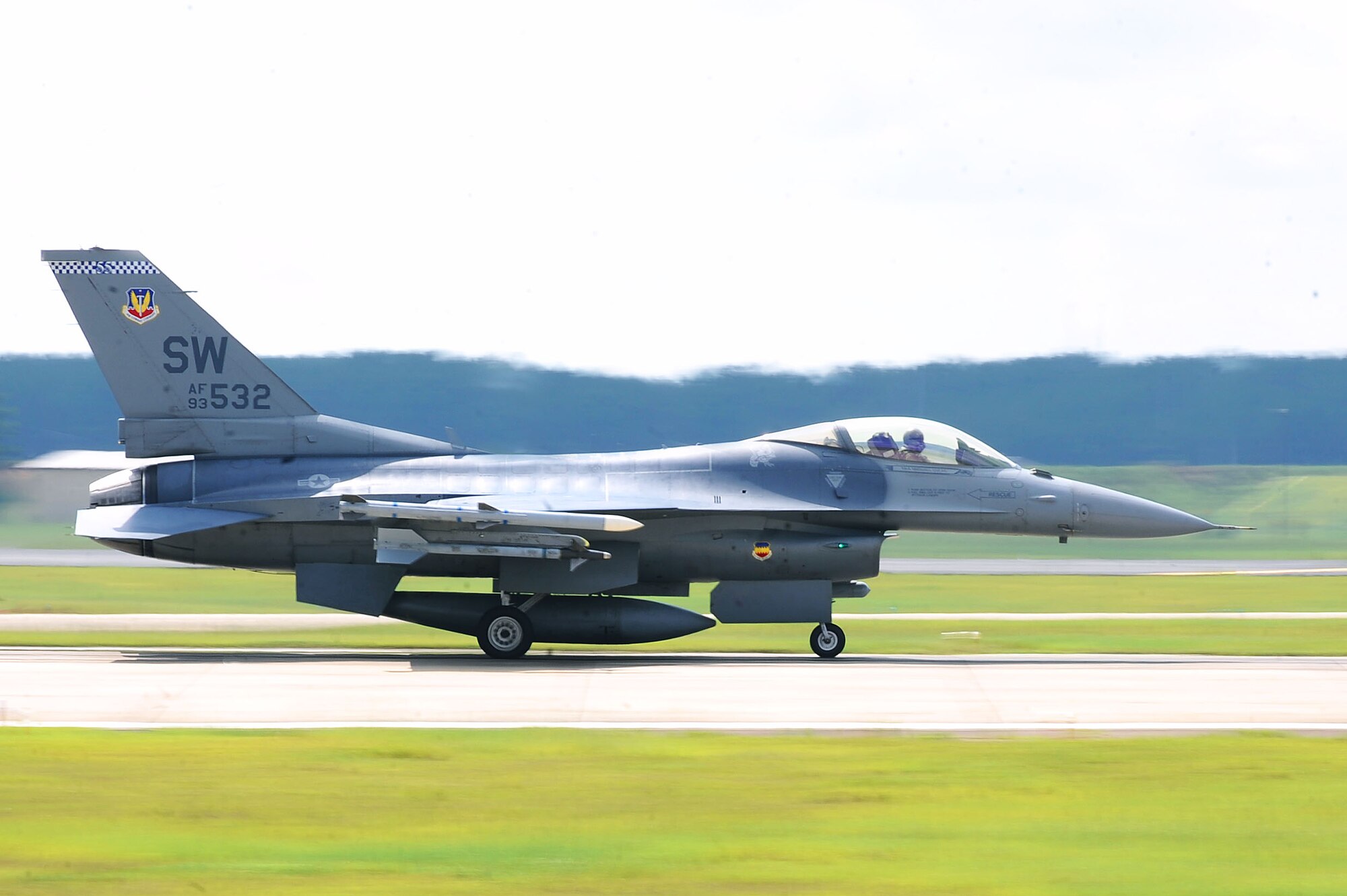 An F-16CJ Fighting Falcon prepares to take-off at Shaw Air Force Base, S.C., July 23, 2014. The aircraft can take-off weighting up to 37,500 pounds and can fly as high as 50,000 feet once airborne. (U.S. Air Force photo by Airman 1st Class Michael A. Cossaboom/Released)