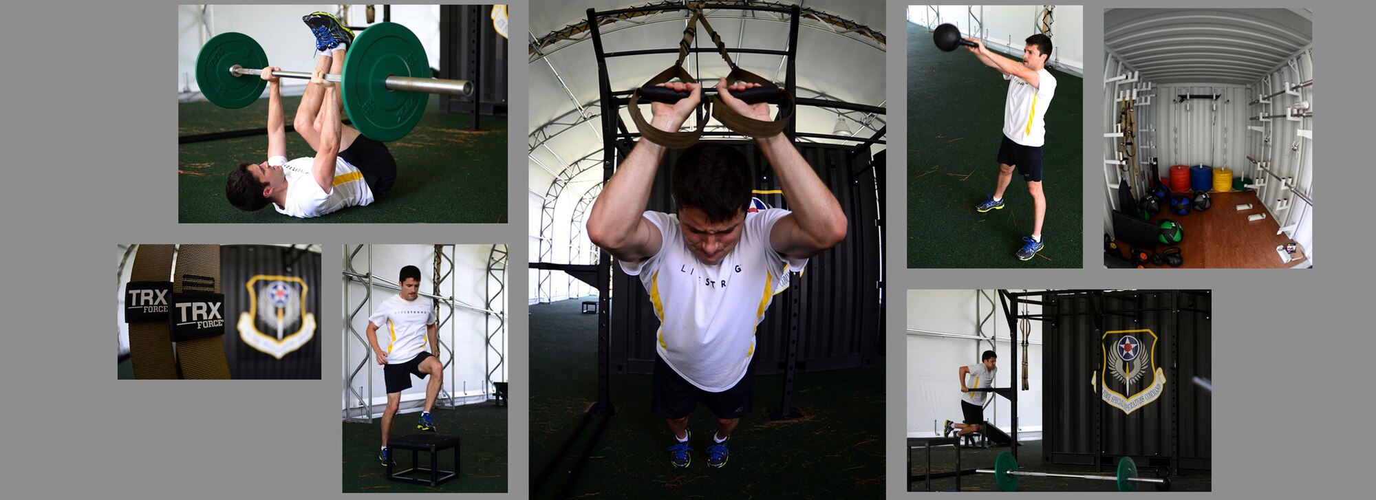 Maj. A.J. Stark, Air Force Special Operations Command special operations forces programming chief, worksout at the total-body resistance exercise pad on Hurlburt Field, Fla., July 23, 2014. The TRX pad is a facility designed for full-body workouts with minimal equipment. (U.S. Air Force photo layout/Airman 1st Class Jeff Parkinson)