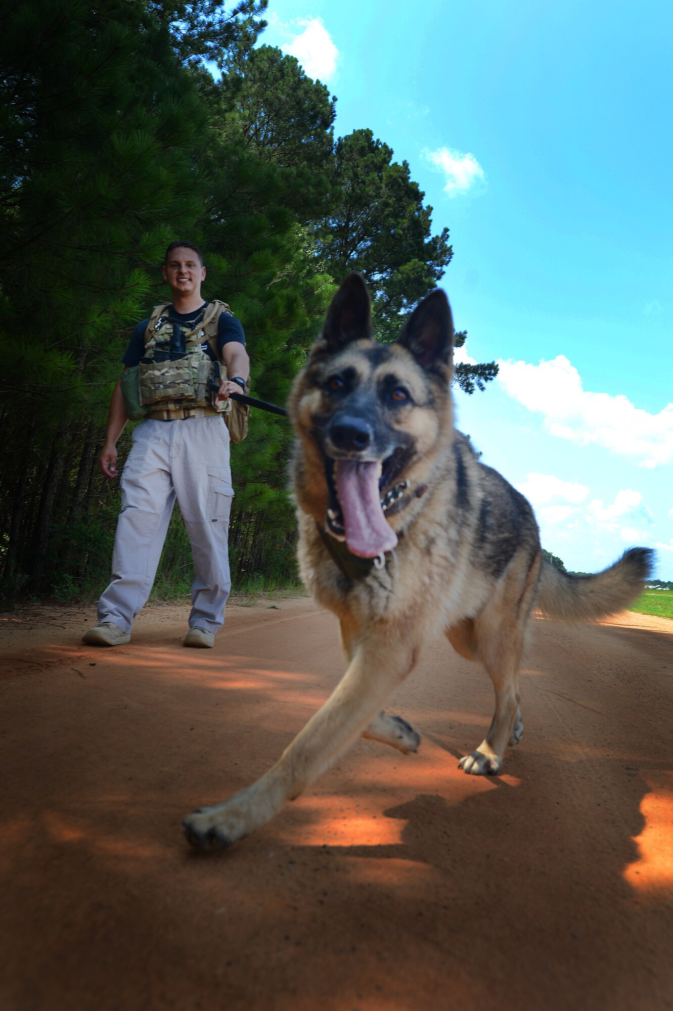 U.S. Air Force Staff Sgt. David Mussio, 20th Security Forces Squadron military working dog trainer, walks with his K-9 during a training mission at Shaw Air Force Base, S.C., July 24, 2014. Mussio carried a 60-pound rucksack while following his dog, Sati, on a five-mile walk. (U.S. Air Force photo by Airman 1st Class Jensen Stidham/Released)