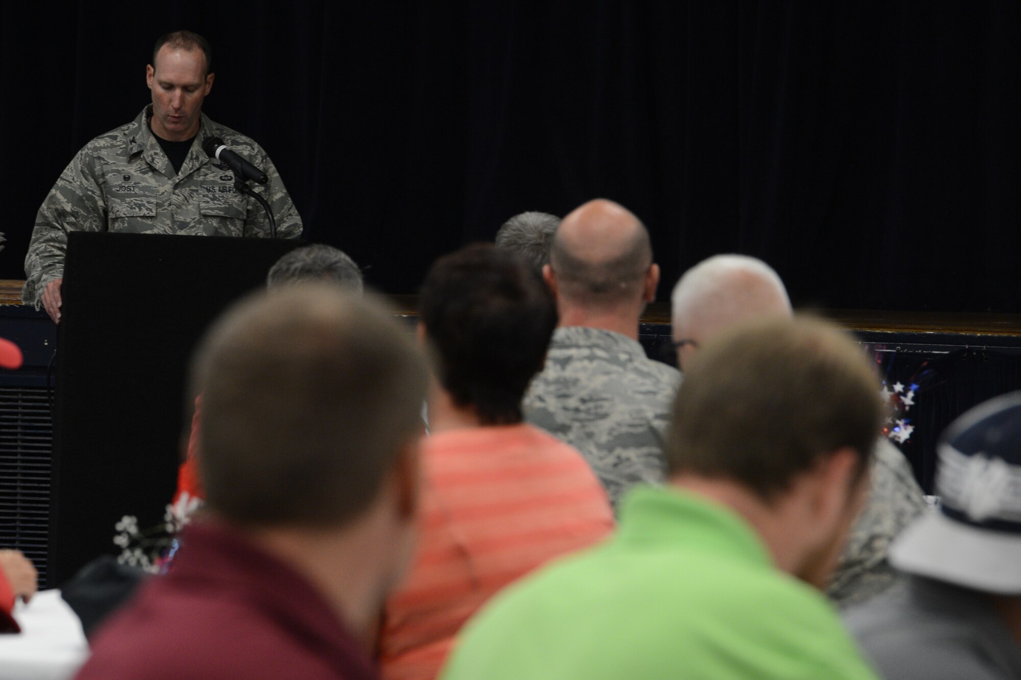 U.S. Air Force Col. Stephen Jost, 20th Fighter Wing commander, delivers opening remarks at the Ability One employee appreciation picnic at Shaw Air Force Base, S.C., July 25, 2014. Jost gave his thanks to the employees for their dedication and their work taking care of the Airmen on Shaw. (U.S. Air Force photo by Airman 1st Class Jonathan Bass/Released)