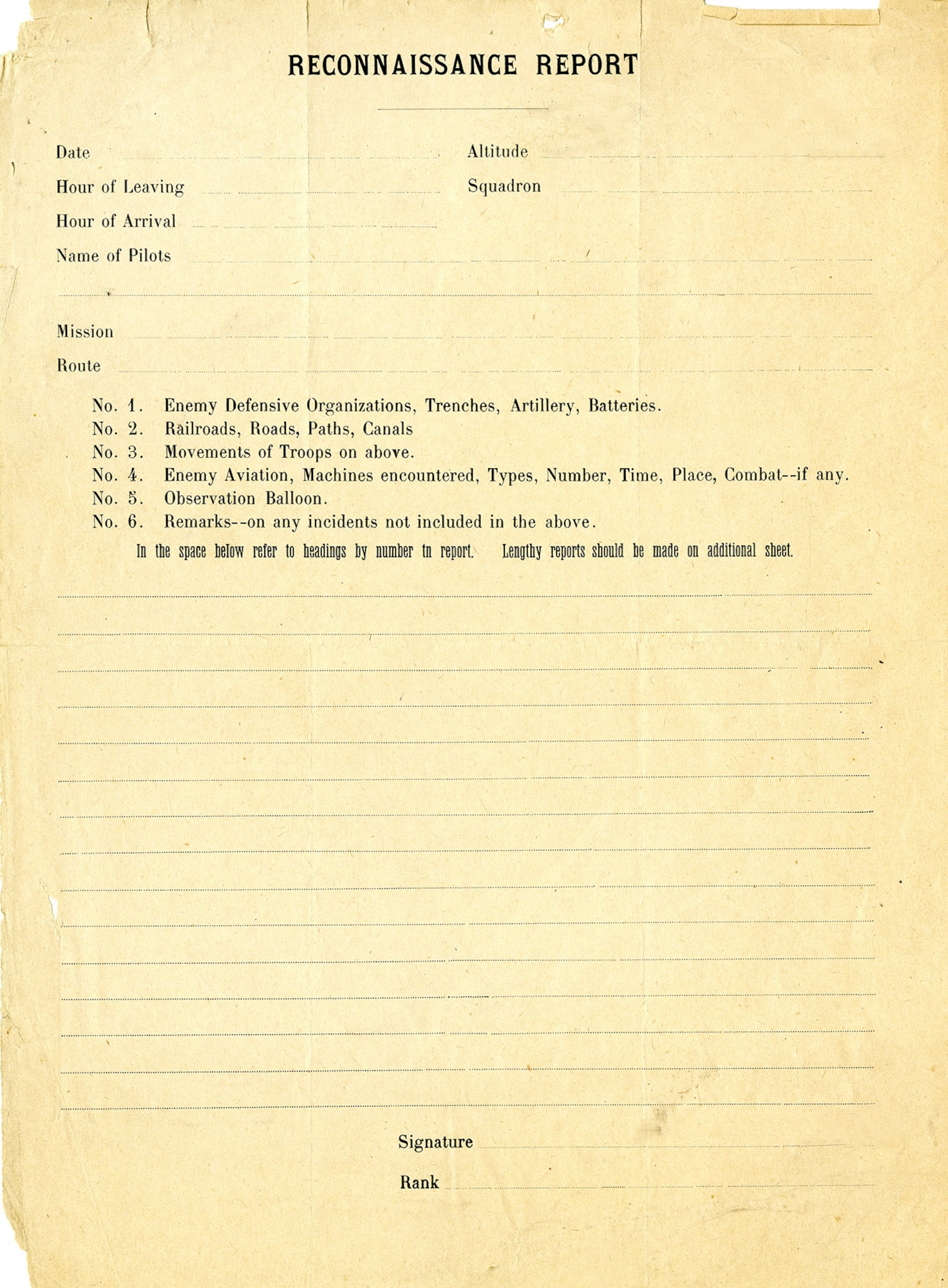 Aerial reconnaissance was the principal mission of aviation during the First World War. Completed reports similar to the one pictured, were used by American aviators to document their observations and provide vital intelligence to ground commanders. (U.S. Air Force photo)