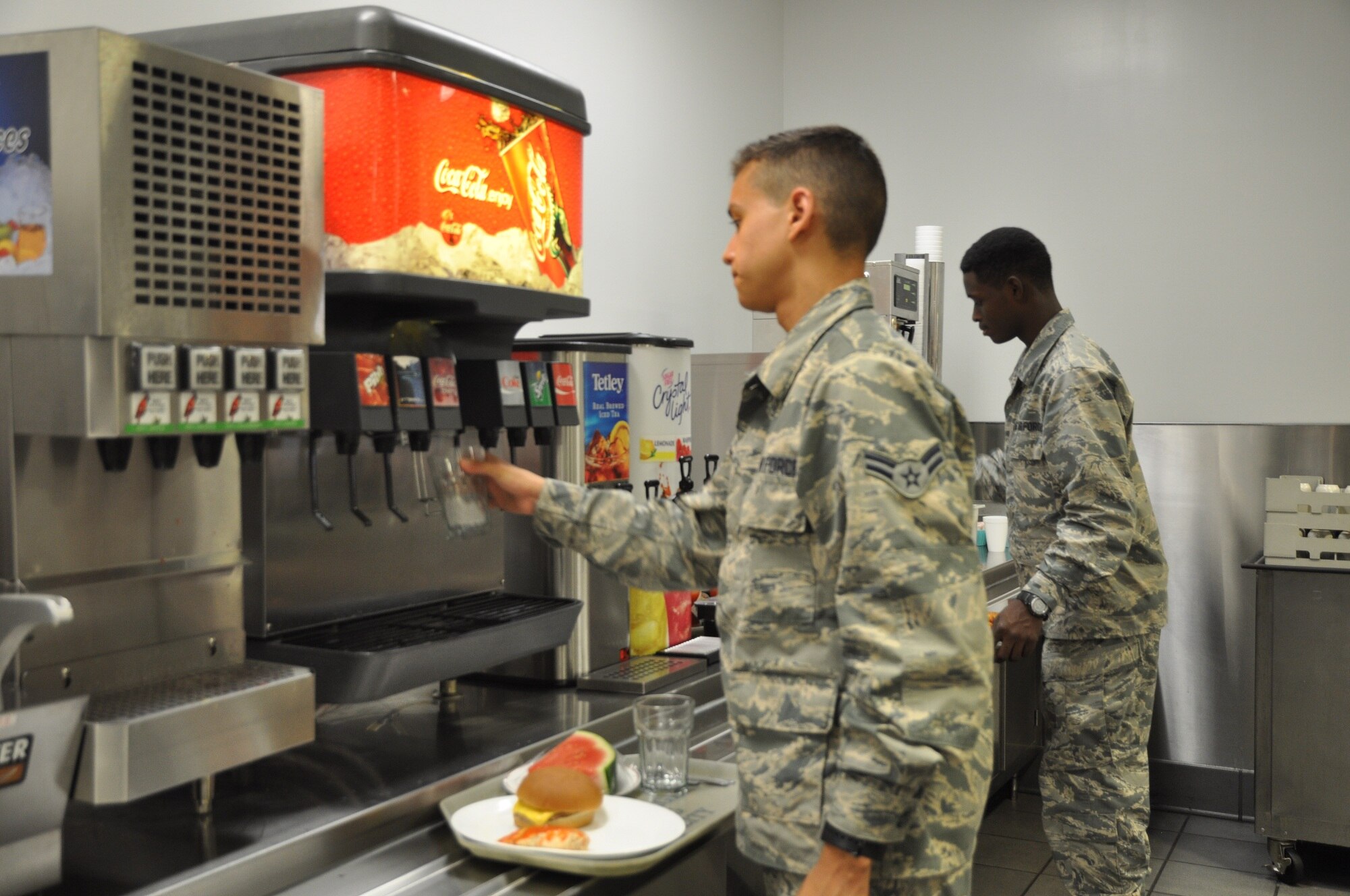 Airman First Class Justin Chavez and Airman Basic Steven Sellers, both from the United States Air Force School of Aerospace Medicine are regulars at the Pitsenbarger Dining Facility.(Contributed photo)