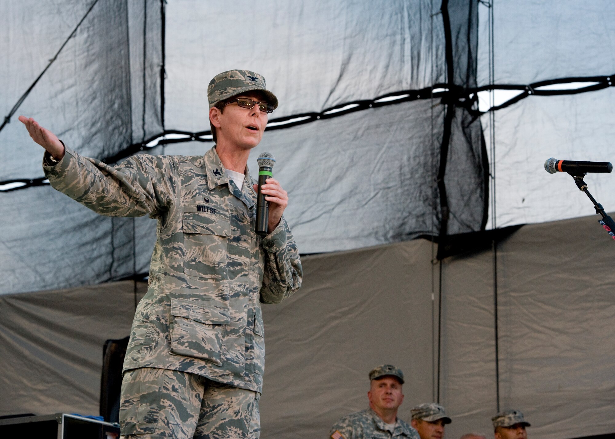 Col. Gretchen Wiltse, 512th Mission Support Group commander, speaks to a large crowd prior to a Brantley Gilbert concert at the Delaware State Fair July 23, 2014, at the Delaware State Fairgrounds in Harrington, Del. Col. Wiltse represented the 512th Airlift Wing on Armed Forces Day. (U.S. Air Force photo/Airman 1st Class Zachary Cacicia) 
