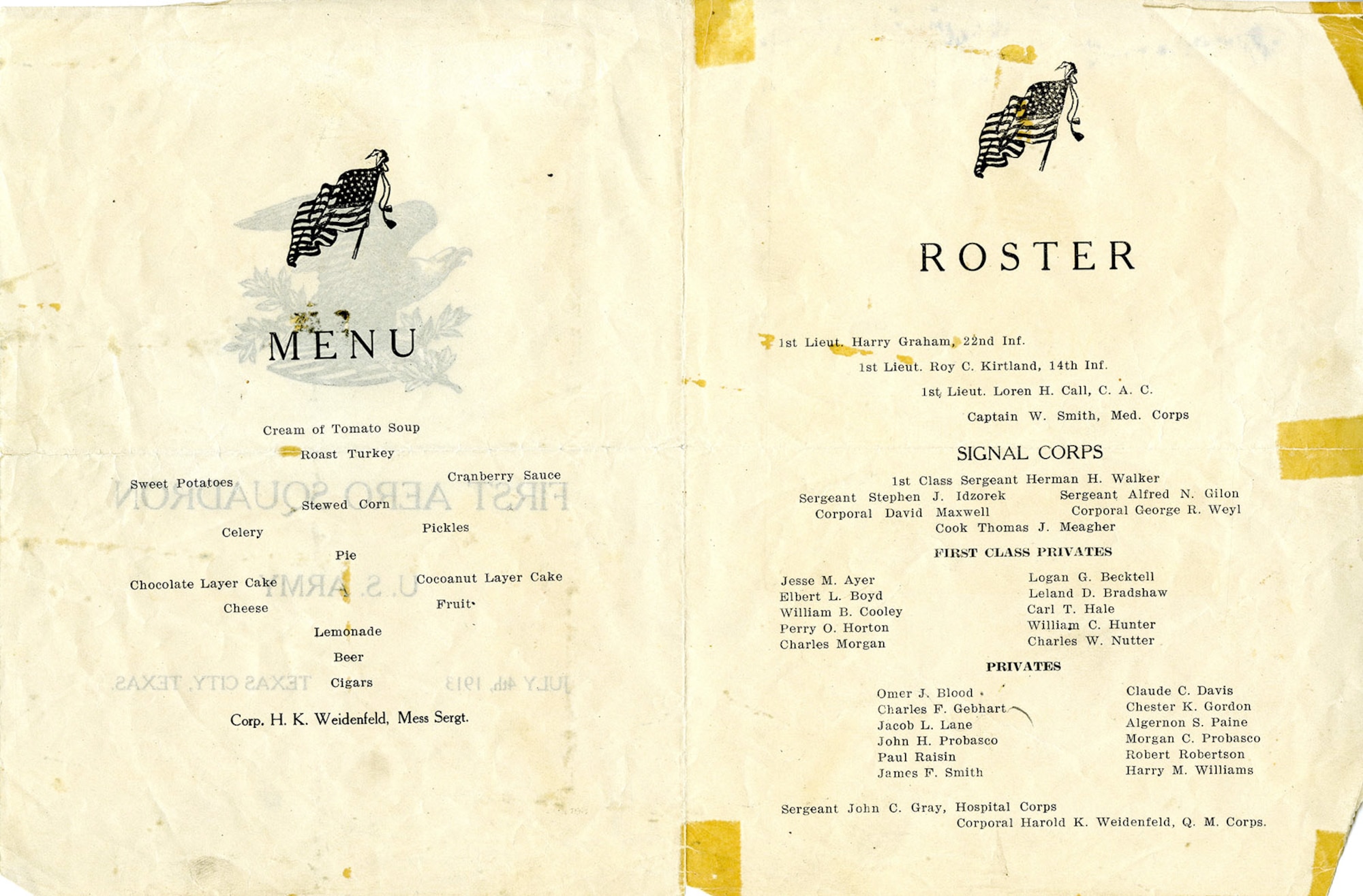 The officers and enlisted men of the 1st Aero Squadron stationed at Texas City, Texas, celebrated the Fourth of July with a special meal. The menu also lists a roster of all the personnel assigned to the United States first operational flying squadron in 1913. (U.S. Air Force photo)