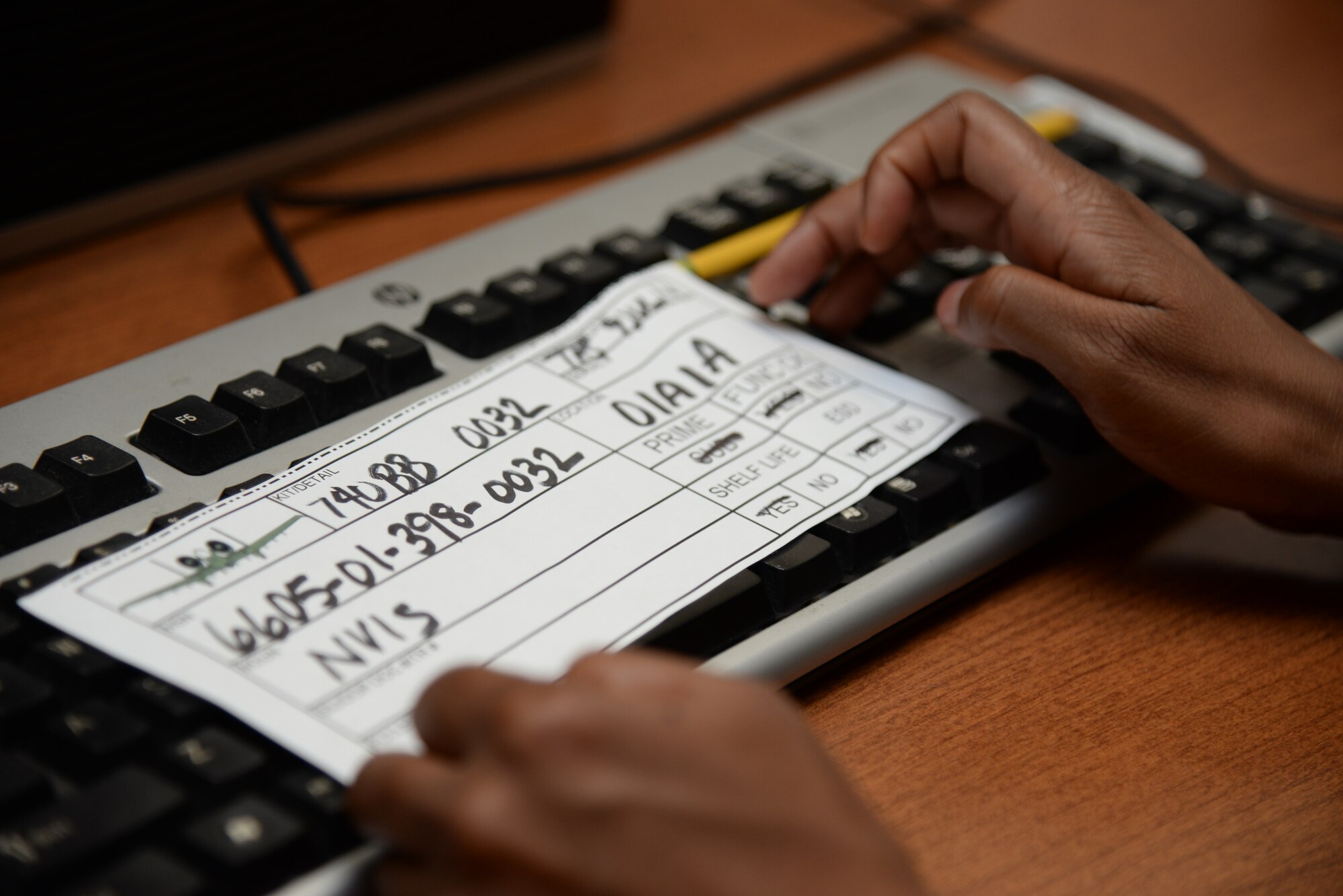 U.S. Air Force Senior Airman Latosha Ross, 23d Logistics Readiness Squadron aircraft store technician, searches for an A-10C Thunderbolt II part on a computer-based inventory, July 24, 2014 at Moody Air Force Base, Ga. Maintainers request new parts when current ones need changing or are unserviceable. (U.S. Air Force photo by Airman 1st Class Sandra Marrero/Released)
