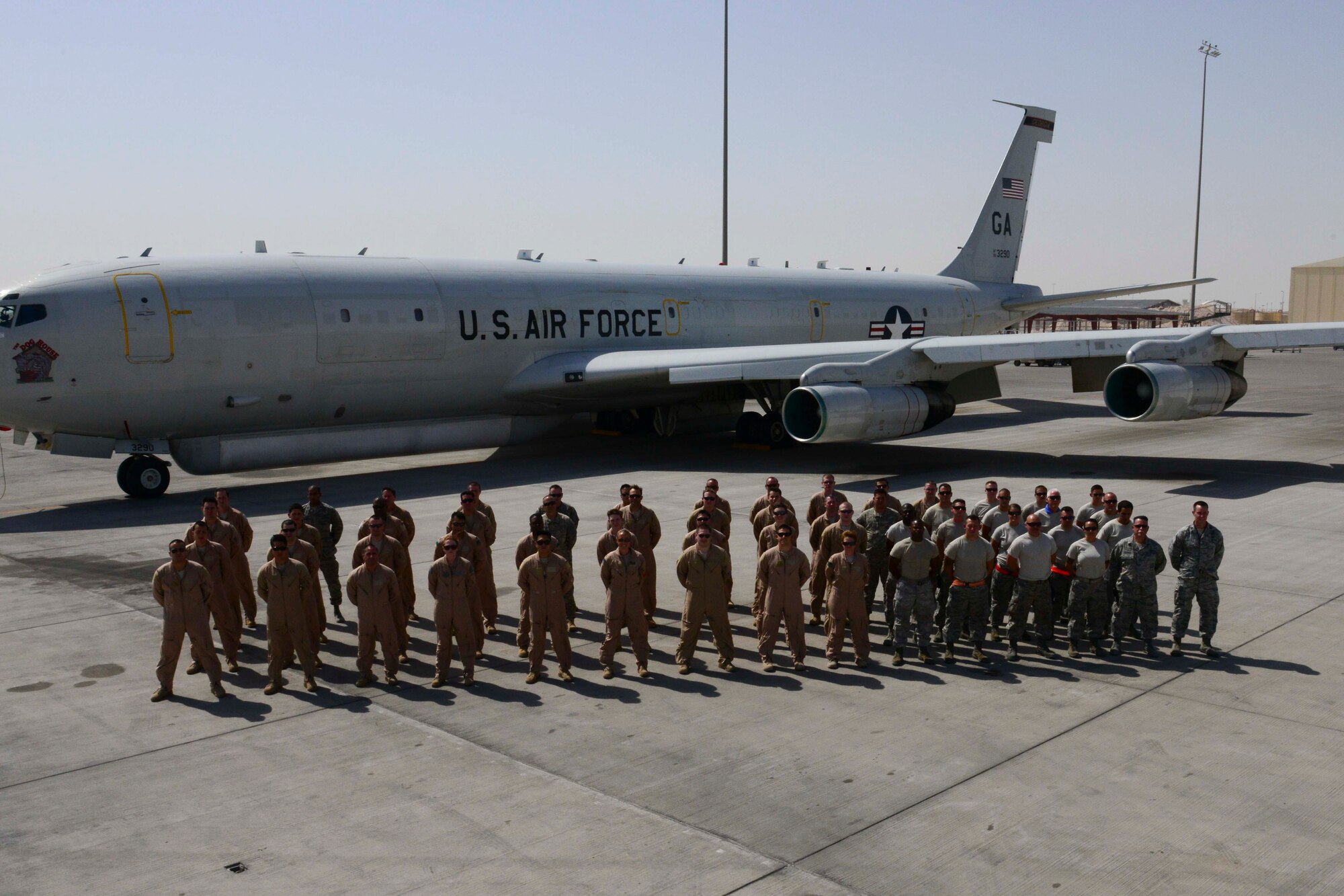 The E-8C Joint Surveillance Target Attack Radar System, or Joint STARS,
deployed to Al Udeid Air Base, Qatar from Robins Air Force Base, Georgia,
reached 90,000 combat hours in U.S. Central Command's Area of Responsibility
here July 23, 2014. Joint STARS men and women have contributed tremendously
to overseas contingency operations such as; Enduring Freedom, Iraqi Freedom,
New Dawn, Odyssey Dawn, and Unified Protector. Their operations include
support of six Combatant Commands including U.S. Pacific Command, U.S.
Northern Command and U.S. Southern Command, U.S. Africa Command and U.S.
Europe Command. (U.S. Air Force photo by Staff Sgt. Ciara Wymbs)
