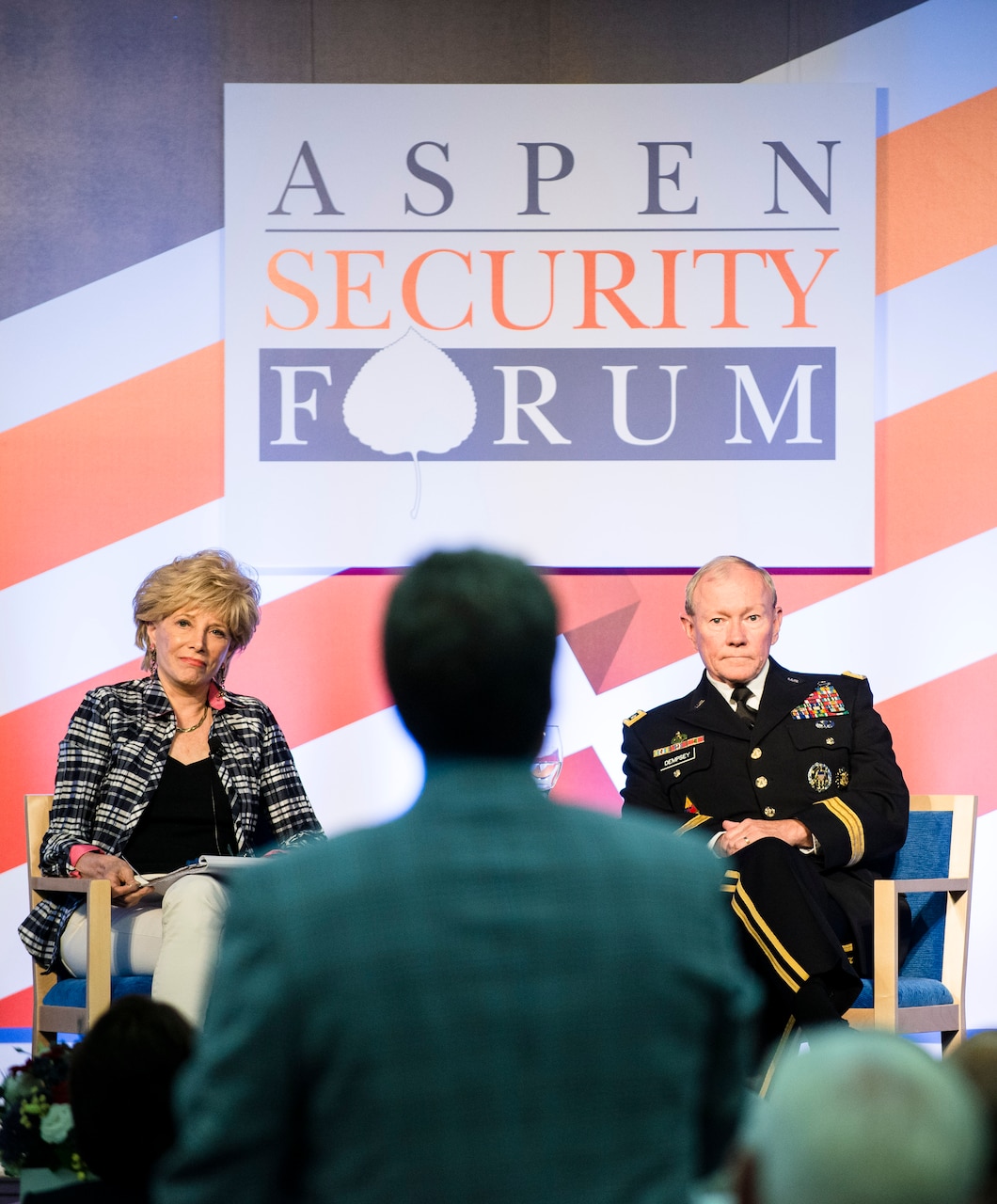Army Gen. Martin E. Dempsey, chairman of the Joint Chiefs of Staff, and moderator Lesley Stahl of CBS News listen as an audience member asks a question during the Aspen Security Forum in Aspen, Colo., July 24, 2014. DoD photo by Army Staff Sgt. Sean K. Harp