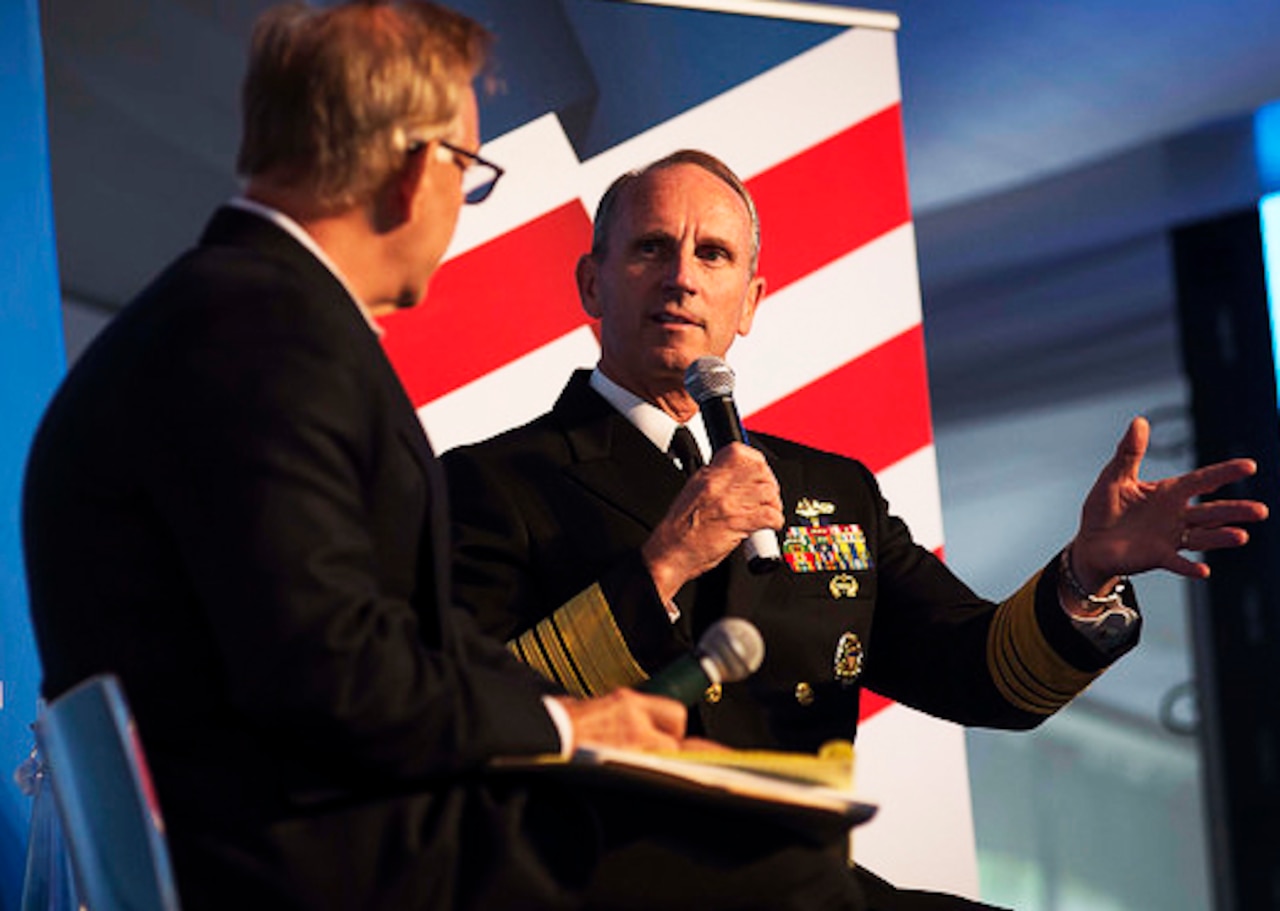 Chief of U.S. Naval Operations Adm. Jonathan W. Greenert, right, sits down for a moderated discussion with David Ignatius, Washington Post journalist, editor and book author, at the Aspen Security Forum in Colorado hosted by The Aspen Institute, July 25, 2014. U.S. Navy photo by Chief Petty Officer Peter D. Lawlor