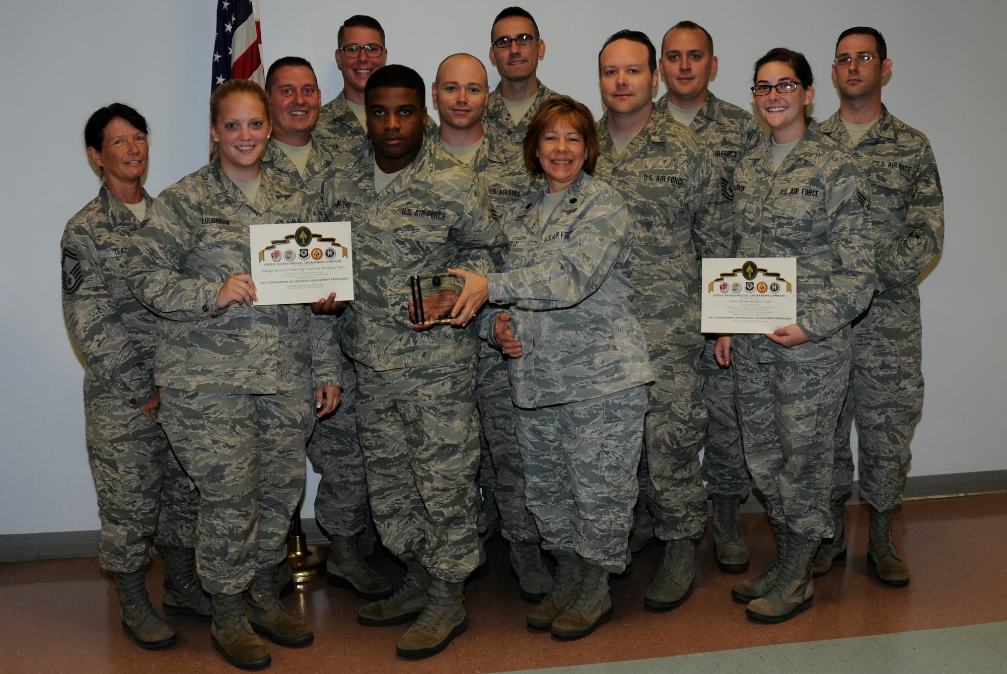 Airmen of the 193rd Special Operations Wing Comptroller Flight and Human Resources remote office are presented the U.S. Southern Command 2013 Innovations to Financial Management Process-Civilian Pay Manpower Team award during commander’s call, July 27. The Comptroller and HRO remote team worked together to coordinate and track personnel action that involved work year execution resulting in on time and on target work year execution rates and ensuring the Wing was audit ready, which resulted in the team earning this award. (U.S. Air National Guard photo by Senior Master Sgt. David Hawkins)