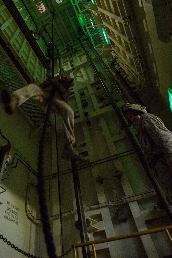 U.S. 5TH FLEET AREA OF RESPONSIBILITY (July 19, 2014) A U.S. Marine with Battalion Landing Team 1st Battalion, 6th Marine Regiment, 22nd Marine Expeditionary Unit (MEU), fast ropes down an elevator shaft during a low-light fast rope exercise aboard the amphibious transport dock ship USS Mesa Verde (LPD 19). The 22nd MEU is deployed with the Bataan Amphibious Ready Group as a theater reserve and crisis response force throughout U.S. Central Command and the U.S. 5th Fleet area of responsibility. (U.S. Marine Corps photo by Cpl. Manuel A. Estrada/Released)
