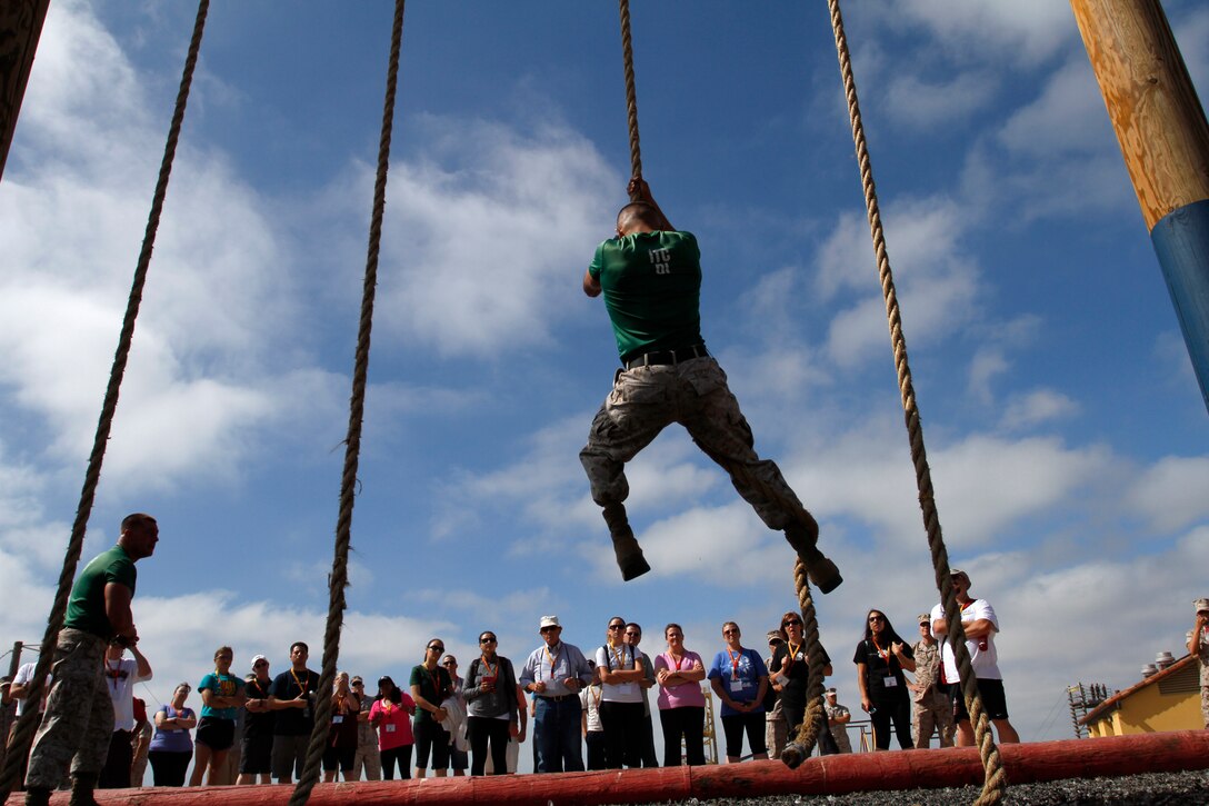 Educators and community influencers from Recruiting Station Salt Lake City and RS San Francisco learn about and get a first-hand experience of Marine Corps recruit training as part of an Educator's Workshop at Marine Corps Recruit Depot San Diego, July 22, 2014. The educators and community leaders are given the chance to learn about the transition from civilian to Marine and what is expected of a Marine on a day-to-day basis to better understand what the Marine Corps can offer for a transitioning young man or woman. (U.S. Marine Corps photo by Sgt. Daniel Wetzel) 