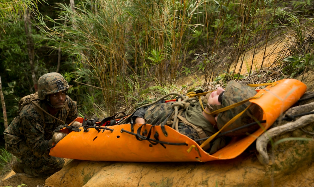 Seaman Courtney M. Perdue, left, maneuvers, Seaman Aidan Rispens up a cliff as part of a practical application exercise during the Jungle Medicine Combat Course at the Jungle Warfare Training Center on Camp Gonsalves. During the exercise, the corpsmen maneuvered a sked stretcher up the cliff using the hasty technique that was taught during the course. Perdue is a Columbus, Ohio, native and Rispens is a Puyallup, Washington, native. Both are corpsmen with 1st Battalion, 8th Marine Regiment, currently assigned to 4th Marine Regiment, 3rd Marine Division, III Marine Expeditionary Force, under the unit deployment program. (U.S. Marine Corps photo by Lance Cpl. Brittany A. James/released)