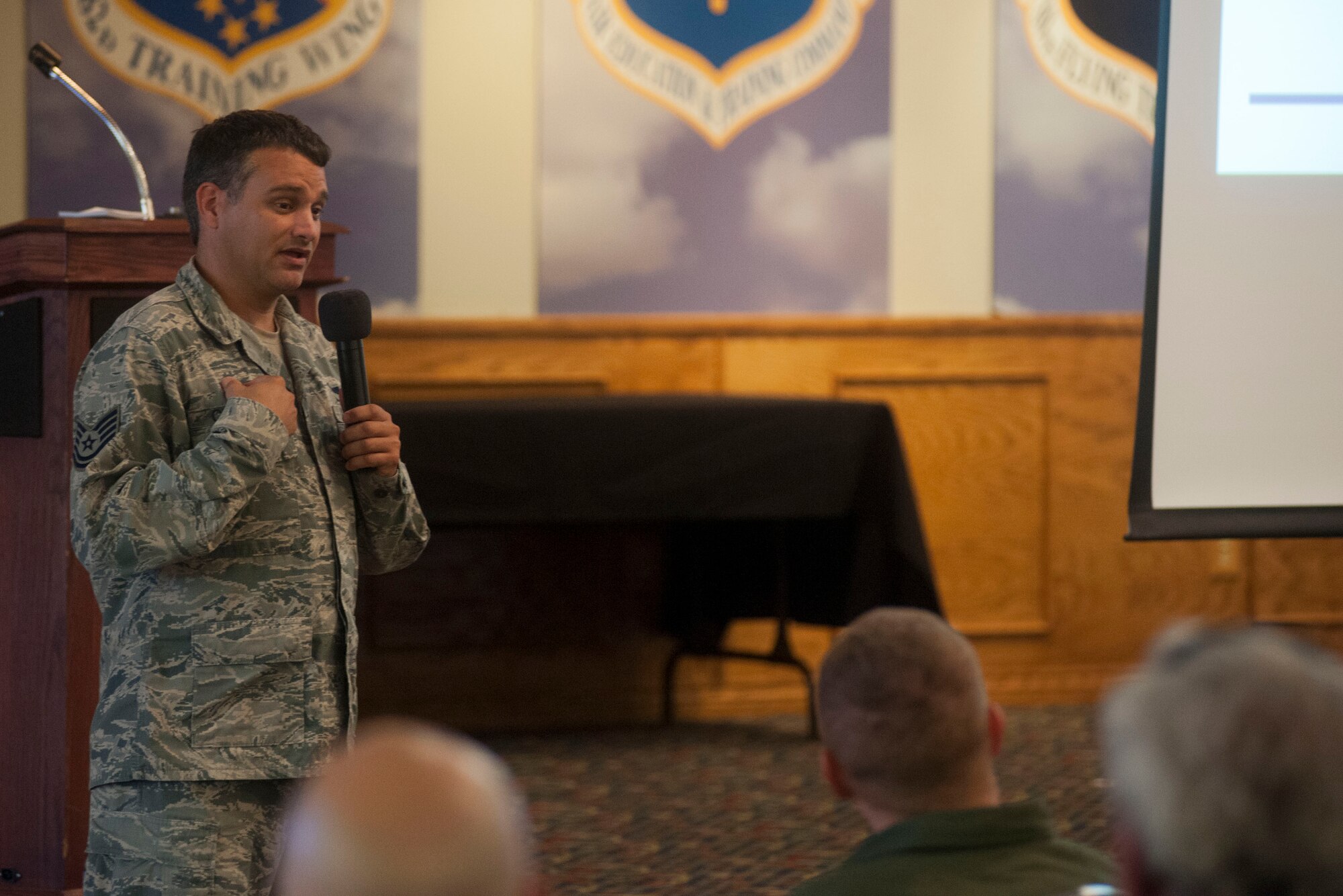 Tech. Sgt. Travis Crosby, a joint terminal attack controller that was part of a group who received the Silver Star for actions in 2003, visited Sheppard to impart words of wisdom and morale to Airmen July 25, 2014. He spoke about heritage and perseverance over hardship. (U.S. Air Force photos by Airman 1st Class Jelani Gibson)