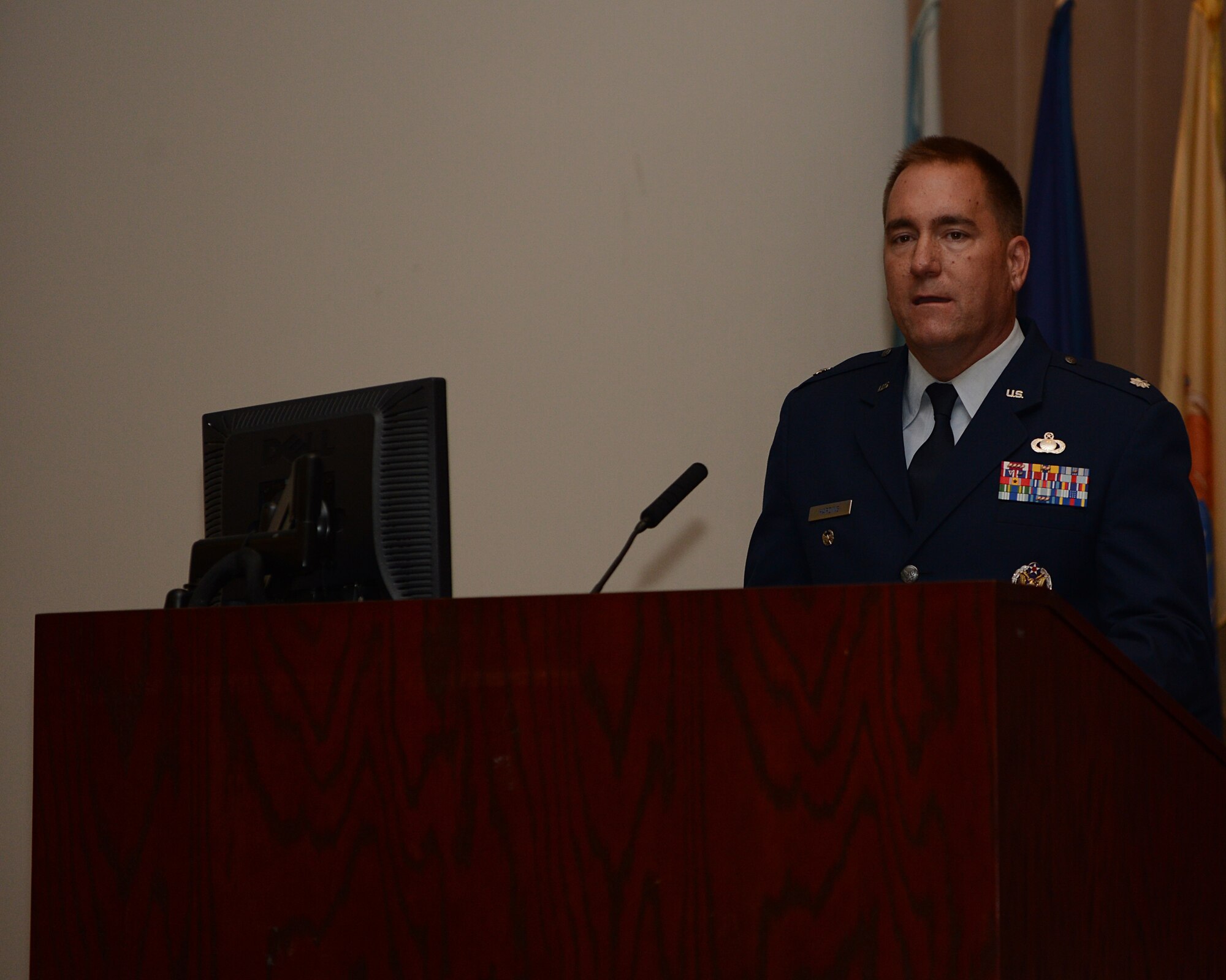 Lt. Col. Craig Harding, 2nd Mission Support Group commander, speaks during a change of command ceremony at Barksdale Air Force Base, La., July 28, 2014. The change of command ceremony is a military tradition that gives service members the opportunity to witness their new leader's assumption of command. (U.S. Air Force photo/Senior Airman Benjamin Gonsier)
