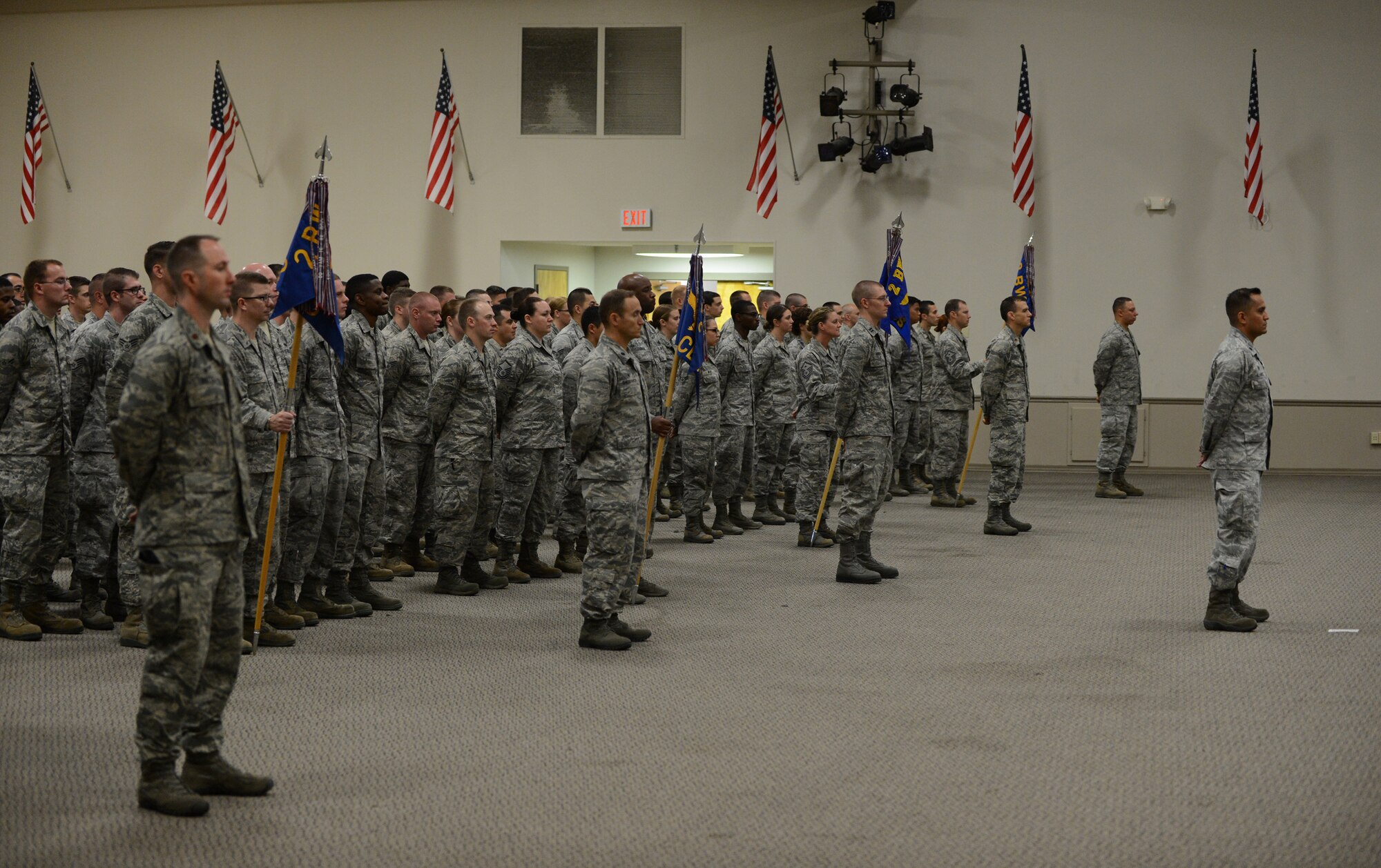 Airmen from the 2nd Mission Support Group line up in formation during a change of command ceremony at Barksdale Air Force Base, La., July 28, 2014. Airmen participated in this ceremony as a final send off to their outgoing commander and as a warm welcome to their incoming commander. (U.S. Air Force photo/Senior Airman Benjamin Gonsier)