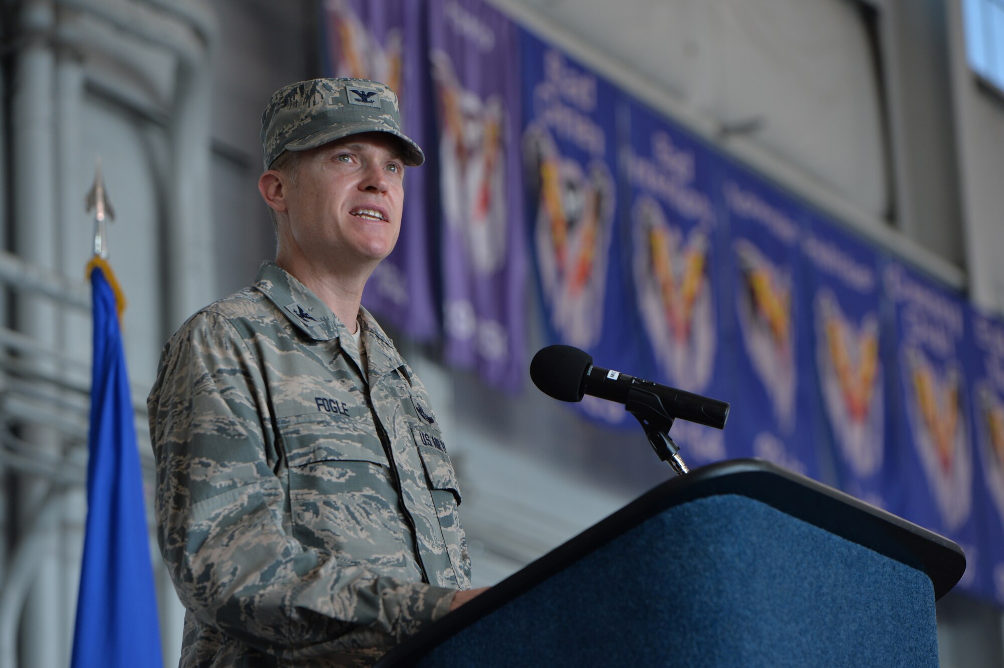 Col. Todd Fogle speaks to Airmen during the 1st Special Operations Mission Support Group change of command ceremony at the Commando Hangar on Hurlburt Field, Fla., July 28, 2014. Fogle assumed command of the 1st SOMSG from Col. Douglas Dudley. (U.S. Air Force photo/Senior Airman Christopher Callaway) 