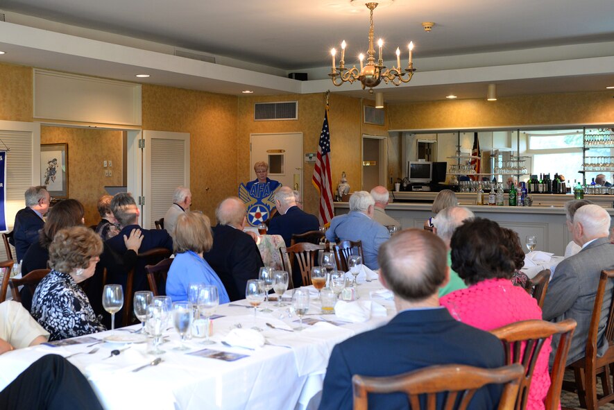 Paula Roy, Air Force Association Airmen and Family Programs director, speaks to the members of the AFA Swamp Fox chapter about the Wounded Airman Program at Sunset Country Club, July 25, 2014. The WAP guarantees that 100 percent of money received goes directly toward supporting wounded Airmen. (U.S. Air Force photo by Airman 1st Class Diana M. Cossaboom/Released)
