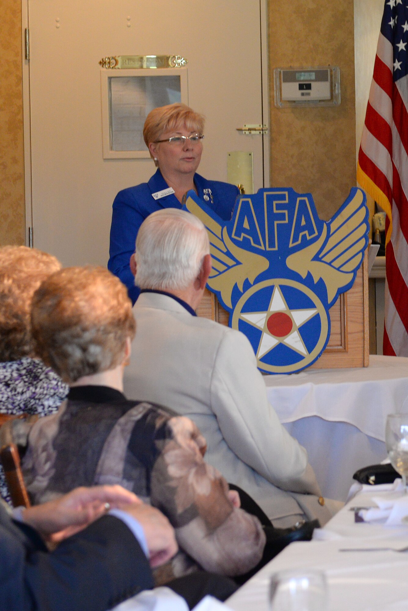 Paula Roy, Air Force Association Airmen and Family Programs director, speaks to the members of the AFA Swamp Fox chapter about the Wounded Airman Program at Sunset Country Club, July 25, 2014. The WAP was created in 2011 to provide aid to wounded Airmen and raise awareness and support inside and outside the Air Force community. (U.S. Air Force photo by Airman 1st Class Diana M. Cossaboom/Released)