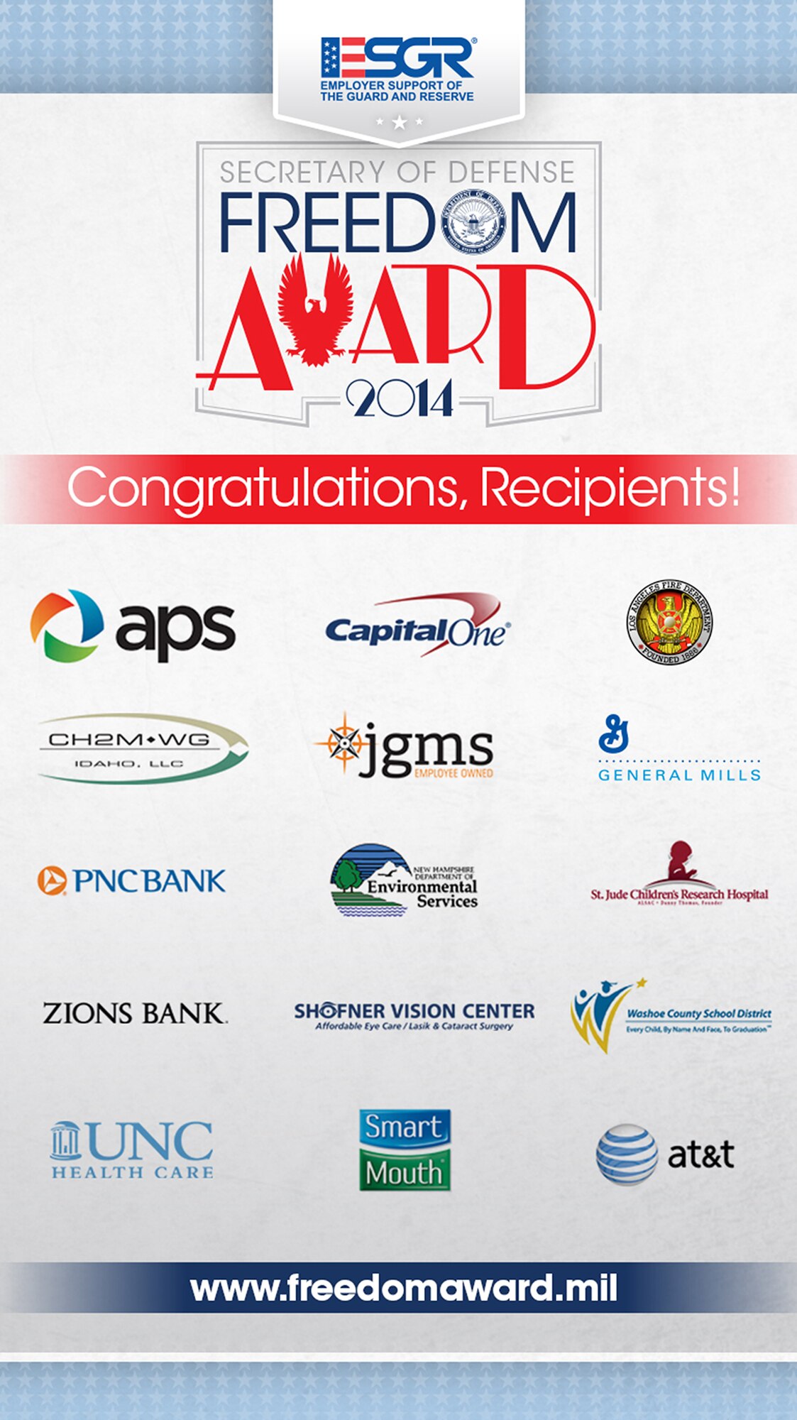 The Freedom Award is the Department's highest recognition given to employers for exceptional support of Guard and Reserve employees. This year's recipients were selected from 2,864 nominations received from Guardsmen and Reservists for going far beyond what the federal law requires to support their military employees. 

