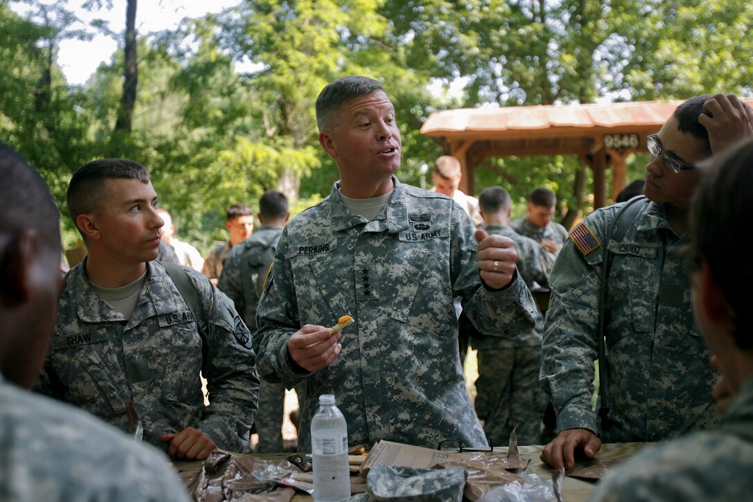 Gen. David Perkins, TRADOC CG, ate lunch and talked with ROTC cadets attending the Leader Development and Assessment Course (LDAC) during his July 22 visit to Fort Knox, Kentucky. (U.S. Army photo by Harrison Hill/Released)