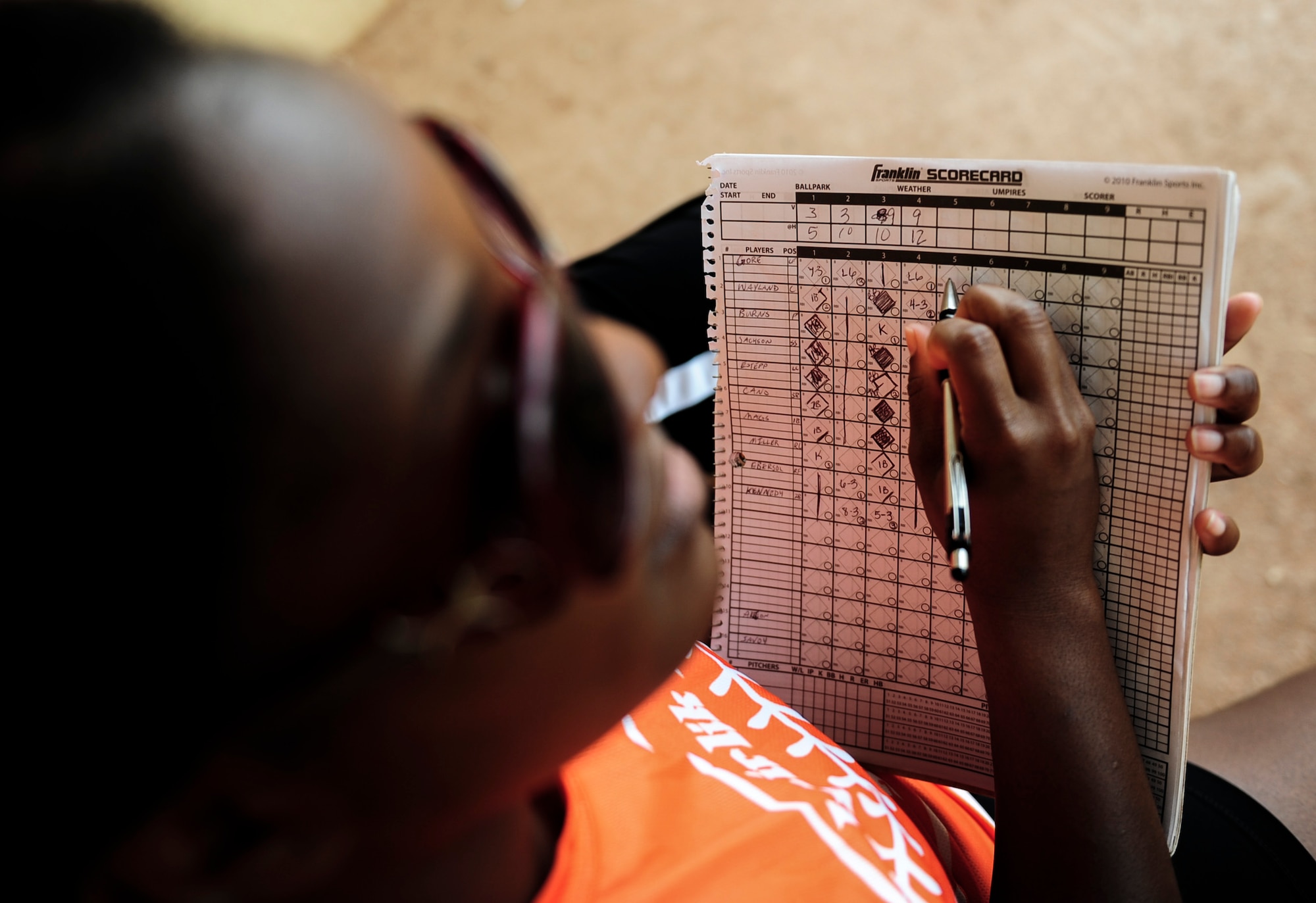 Janay Savoy keeps score during a softball game July 25, 2014, Incirlik Air Base, Turkey. The 2014 intramurals championship softball game resulted in a victory by the 39th Wing Staff Agencies against the 39th Communications Squadron. (U.S. Air Force photo by Senior Airman Nicole Sikorski/Released) 