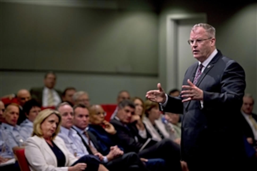 Deputy Defense Secretary Bob Work addresses Air Force leaders at the Pentagon, July 28, 2014. Work discussed budgetary concerns and the overall way ahead for the Air Force. 