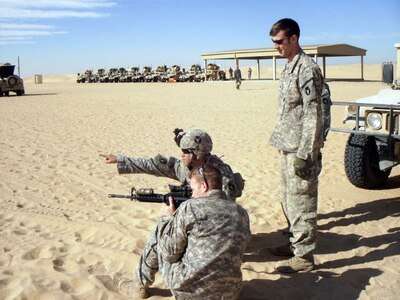 A Soldier in the Mankato, Minn., -based 2nd Battalion, 135th Infantry Regiment, reviews his kneeling firing position with two members of the Headquarters Company's sniper section on Jan. 5, 2012. Units in the battalion qualified with their individual weapons.