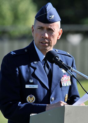 Col. Tom Wilcox, 341st Missile Wing commander, delivers remarks July 24 at The Wall That Heals opening ceremony and memorial service at Elk’s Riverside Park in Great Falls, Mont. (U.S. Air Force photo/John Turner)