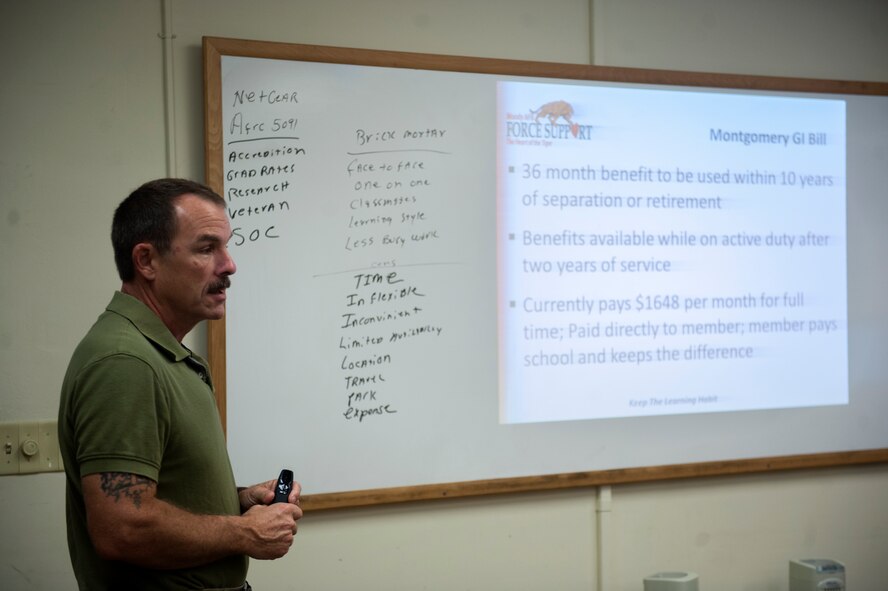 Darryl Gagne, 23d Force Support Squadron education specialist, talks about the Montgomery GI Bill during an education career path workshop July 23, 2014, at Moody Air Force Base, Ga. Gagne urged everybody to carefully read about the differences between the Montgomery GI Bill and the Post-911 GI Bill before choosing one. (U.S. Air Force photo by Senior Airman Jarrod Grammel/Released)
