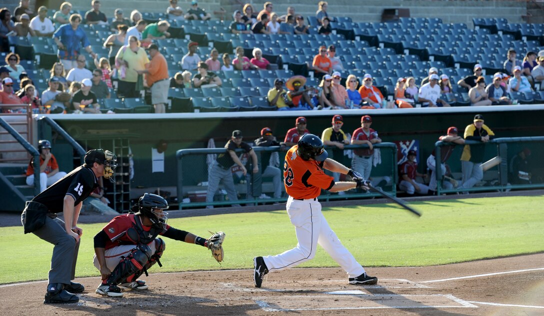David Adams, a Bowie Baysox second baseman, swings for the fence during a game against the Altoona Curve during Joint Base Andrews’ appreciation night at Prince George’s Stadium in Bowie, Md., July 25, 2014. The Baysox are currently in third place in their division. (U.S. Air Force photo/Airman 1st Class Ryan J. Sonnier)
