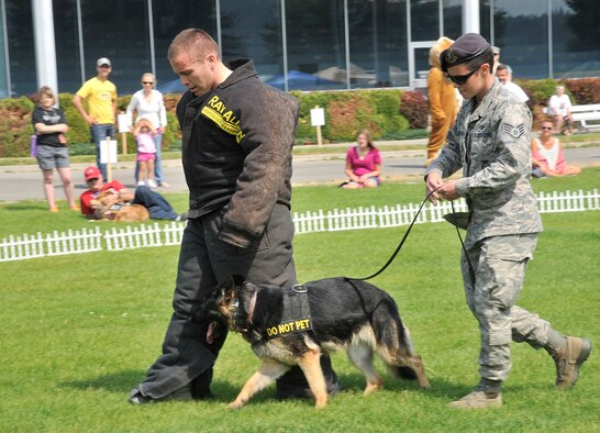 Staff Sgt. Melissa Schmalhorst and her military working dog, Bety, escort Staff Sgt. Justin Leon Guerrero during a demonstration at the Canines vs. Cancer event in Post Falls, Idaho, July 19, 2014. The 92nd Security Forces Squadron MWD section provided demonstrations and assisted with the opening ceremony. Schmalhorst and Leon Guerrero are both 92nd SFS MWD handlers. (U.S. Air Force photo by Senior Airman Mary O'Dell/Released)