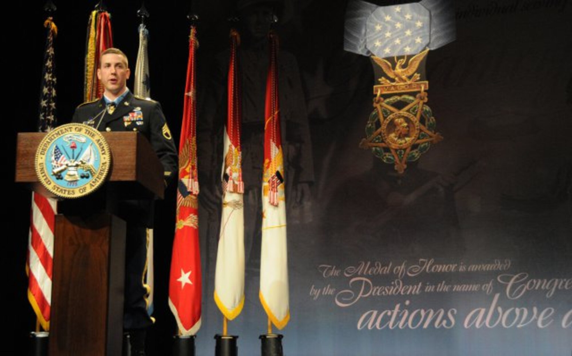 Former Staff Sgt. Ryan M. Pitts, Medal of Honor recipient, is inducted into the Hall of Heroes during a Pentagon ceremony, July 22, 2014. (U.S. Army photo)