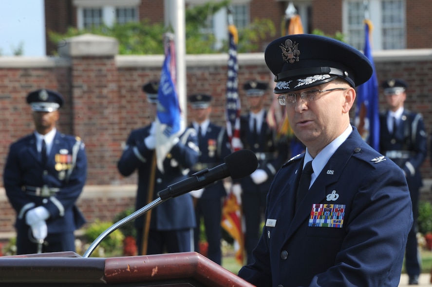 Col. Kendell Peters provides remarks during the Air Force Element change of command ceremony on the Joint Base Anacostia-Bolling Ceremonial Lawn in Washington July 29, 2014. Prior to assuming command of the Air Force Element at JBAB, Peters served as the NATO Air Training Command-Afghanistan director of training, education, personnel and force management directorates at Kabul, Afghanistan. (U.S. Air Force photo/Master Sgt. Tammie Moore)