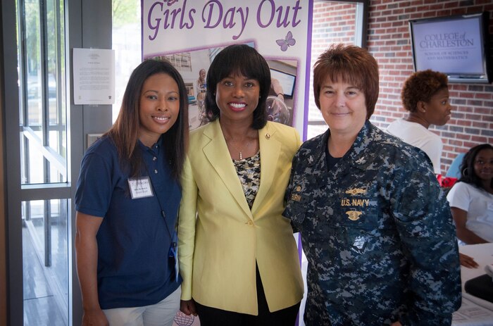 Girls Day Out Summer Camp keynote speaker, U.S. Department of Energy, Director of the Office of Economic Impact and Diversity, Honorable LaDoris Harris, poses with Space and Naval Warfare Systems Center Atlantic Girls Day Out Coordinator Anishi Scott (left), and SSC Atlantic Commanding Officer Navy Capt. Amy Burin July 26, 2014. Girls Day Out Summer Camp inspires, attracts and empowers rising 8th and 9th grade girls to pursue STEM majors and careers. (U.S. Navy photo/Joe Bullinger)