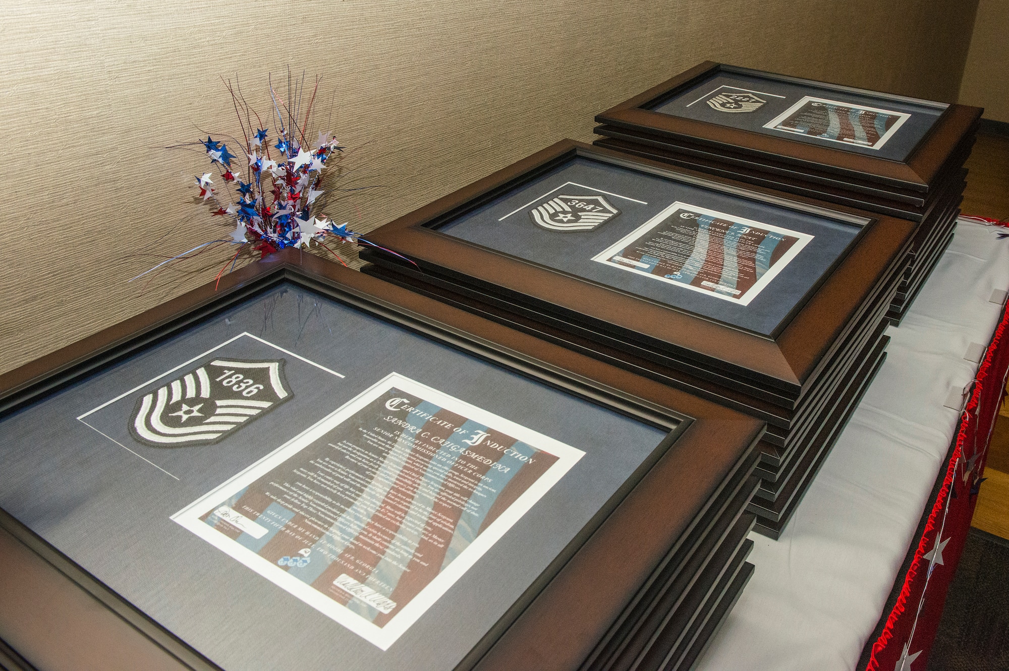 Plaques rest on a table during the senior NCO induction ceremony at Moody Air Force Base, Ga., July 25, 2014. The plaques were awarded to the inductees and included their line number long with a certificate of induction into the senior NCO tier. (U.S. Air Force photo by Airman 1st Class Ceaira Tinsley/Released)