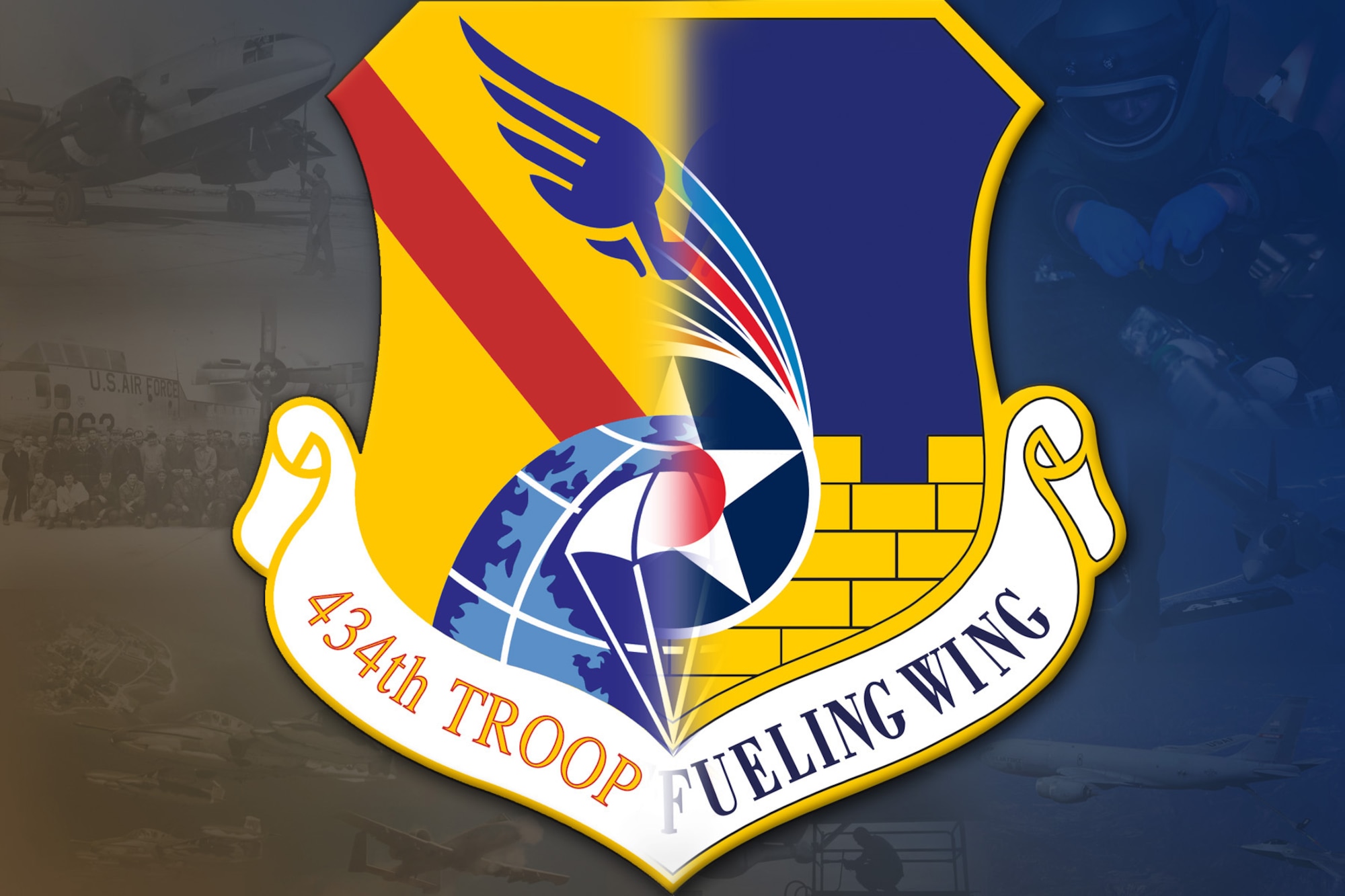 A graphic shows the 434th Troop Carrier Wing crest combined with the 434th Air Refueling Wing crest over photos of the unit?s past and present members. Each year, the men and women who have served with the historic unit gather together to reminisce on their service, catch up with old friends and learn more about the 434th ARW?s current operations. (U.S. Air Force graphic/Tech. Sgt. Mark R. W. Orders-Woempner)