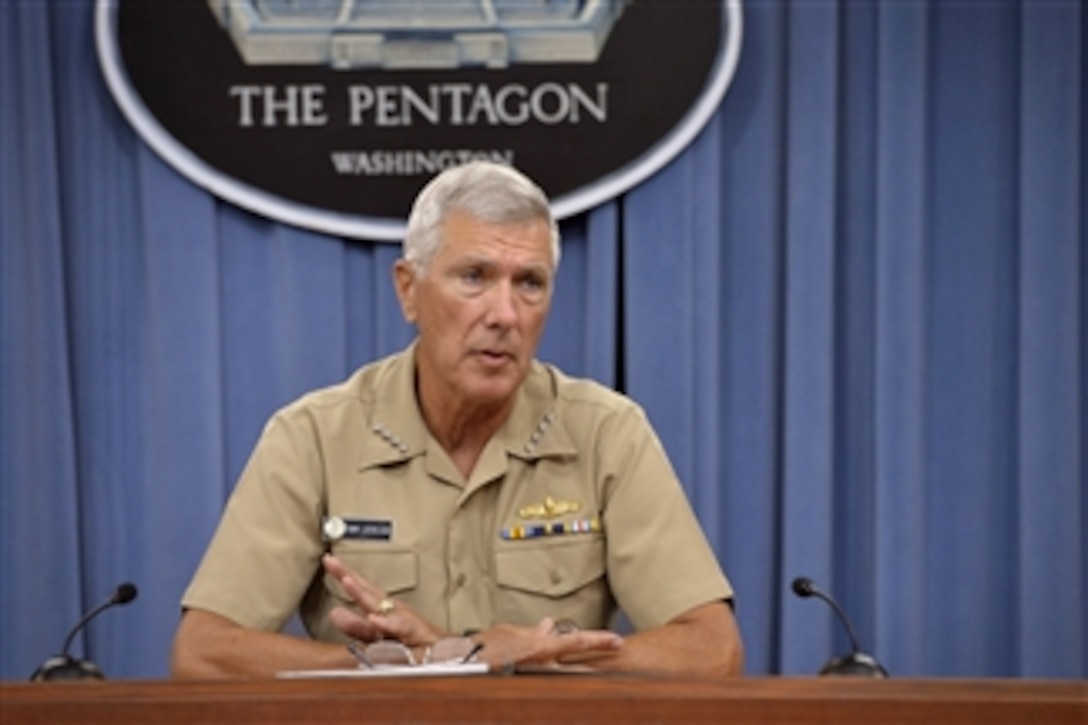 Navy Adm. Samuel J. Locklear III, commander of the U.S. Pacific Command, answers questions from reporters during a briefing at the Pentagon, July 29, 2014. Locklear discussed recent provocative gestures by the North Koreans in the Asia-Pacific region and military-to-military relations with Japan and South Korea. 