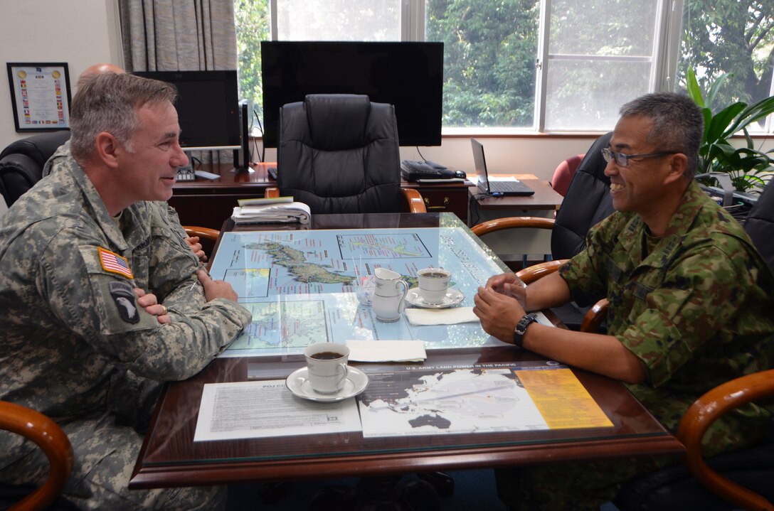 Japan Engineer District Commander Col. John Hurley and Japan Ground Self Defense 4th Engineer Group Commander Col. Yoshihiro Yamasaki met July 25 to reflect on their partnership and exchanged mementos. Col. Yamasaki is departing Camp Zama and will continue his career in Tokyo as the chief of a peacekeeping organization. 