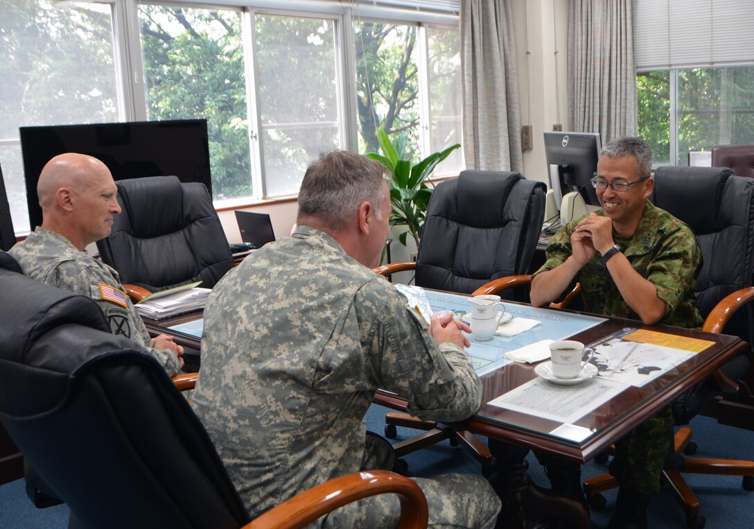 Japan Engineer District Commander Col. John Hurley presents Japan Ground Self Defense 4th Engineer Group Commander Col. Yoshihiro Yamasaki with a Certificate of Appreciation and a U.S. Army Corps of Engineers Regimental Crest July 25 as part of a farewell presentation. The two met briefly to reflect on their partnership and exchanged mementos. Col. Yamasaki is departing Camp Zama and will continue his career in Tokyo as the chief of a peacekeeping organization. Sayonara Col. Yamasaki! 