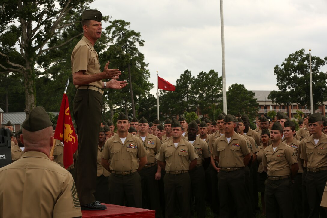 Major Gen. William D. Beydler speaks to Marines with 2nd Marine Aircraft Wing about the importance of operational readiness at Marine Corps Air Station Cherry Point, N.C., July 25, 2014. The visit came as part of Beydler's initial tour of Marine Corps units now under his command, including 2nd MAW. Beydler is the commanding general of II Marine Expeditionary Force and Marine Corps Forces Africa.