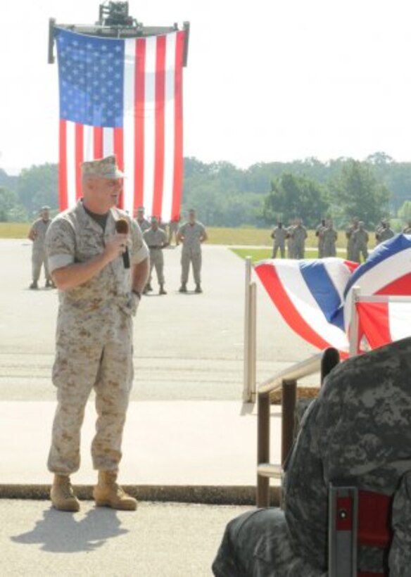 Marine Col. Daniel Longwell, incoming Marine Detachment commander, addresses the audience during Fort Leonard Wood's Marine Corps Detachment Change of Command Friday on Gammon Field.