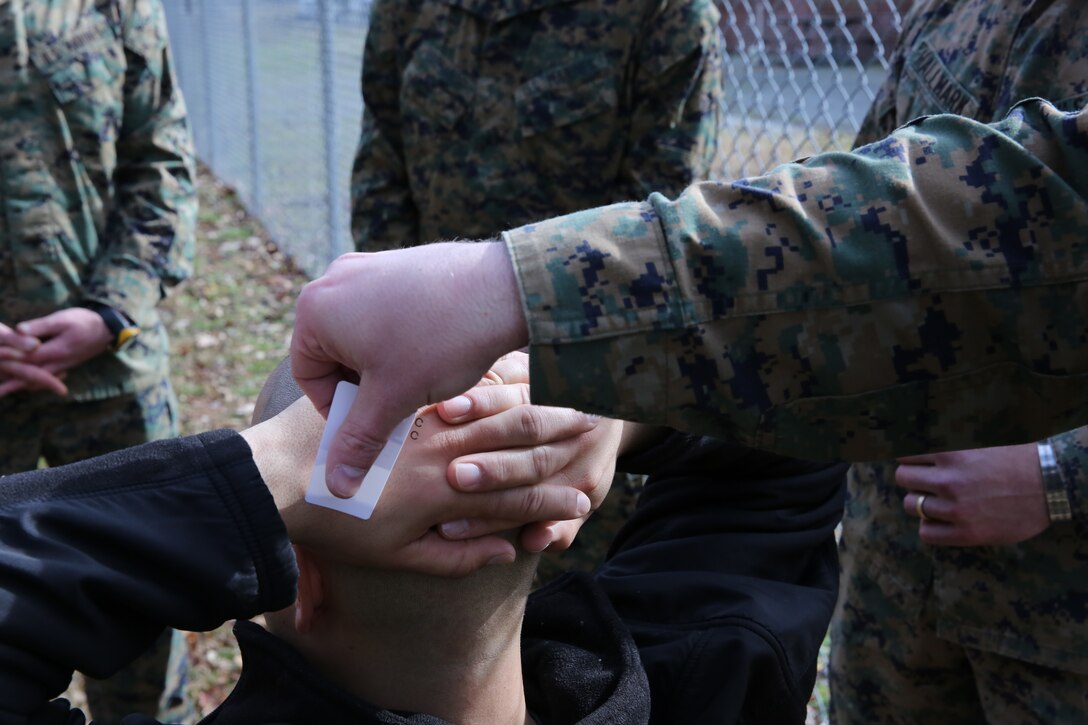 Military Police from 2nd Law Enforcement Battalion show their capabilities during a military working dog demonstration at the II Marine Headquarters Group Enabler Battalion Capability Expo on January 15. The MPs are demonstrating search techniques for visitors on at captive that their dog found.