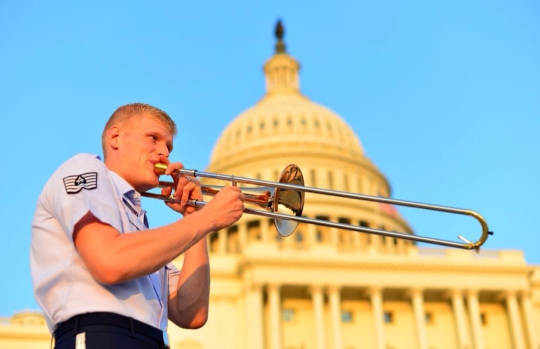 TSgt Kevin Cerovich warms up at the United States Capitol minutes before an Airmen of Note concert on July 29. (US Air Force photo by SMSgt Kevin Burns/released).