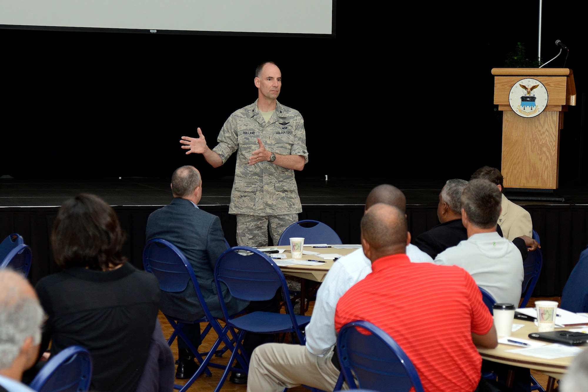 Col. Dale Holland, Academy vice commandant, shared the Academy's take on character and leadership development with federal law enforcement executives Tuesday at Arnold Hall to inspire them to lead and lift others and enhance mission success. (U.S. Air Force photo/Jason Gutierrez)