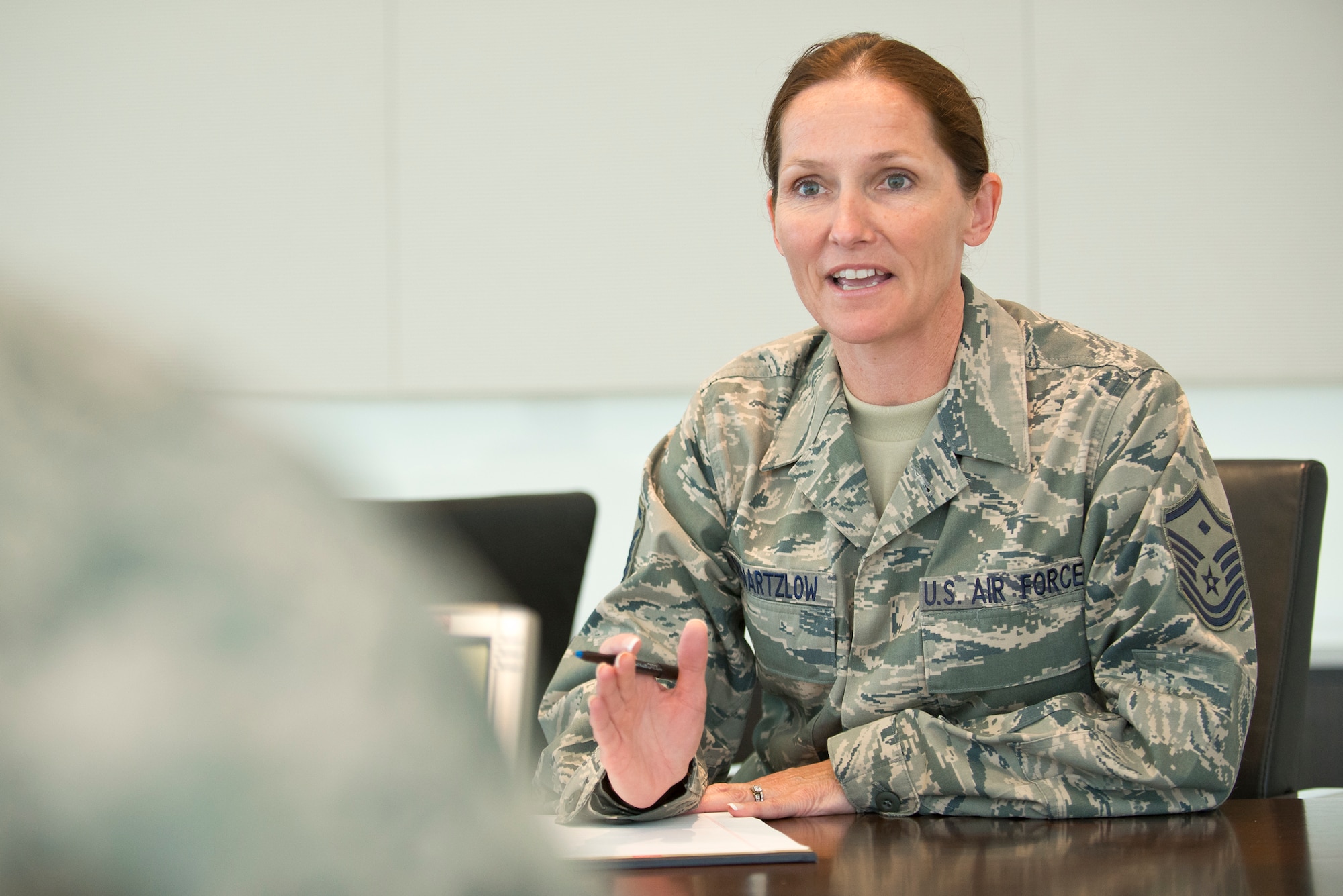 Master Sgt. Linda Schwartzlow, a first sergeant assigned to the 128th Air Control Squadron at Volk Field Combat Readiness Training Center, Wisc. speaks with Airmen at the Air National Guard Readiness Center, Joint Base Andrews, Md. June 17, 2014. Schwartzlow is the 2014 Air National Guard First Sergeant of the Year. (Air National Guard photo by Master Sgt. Marvin R. Preston/Released)