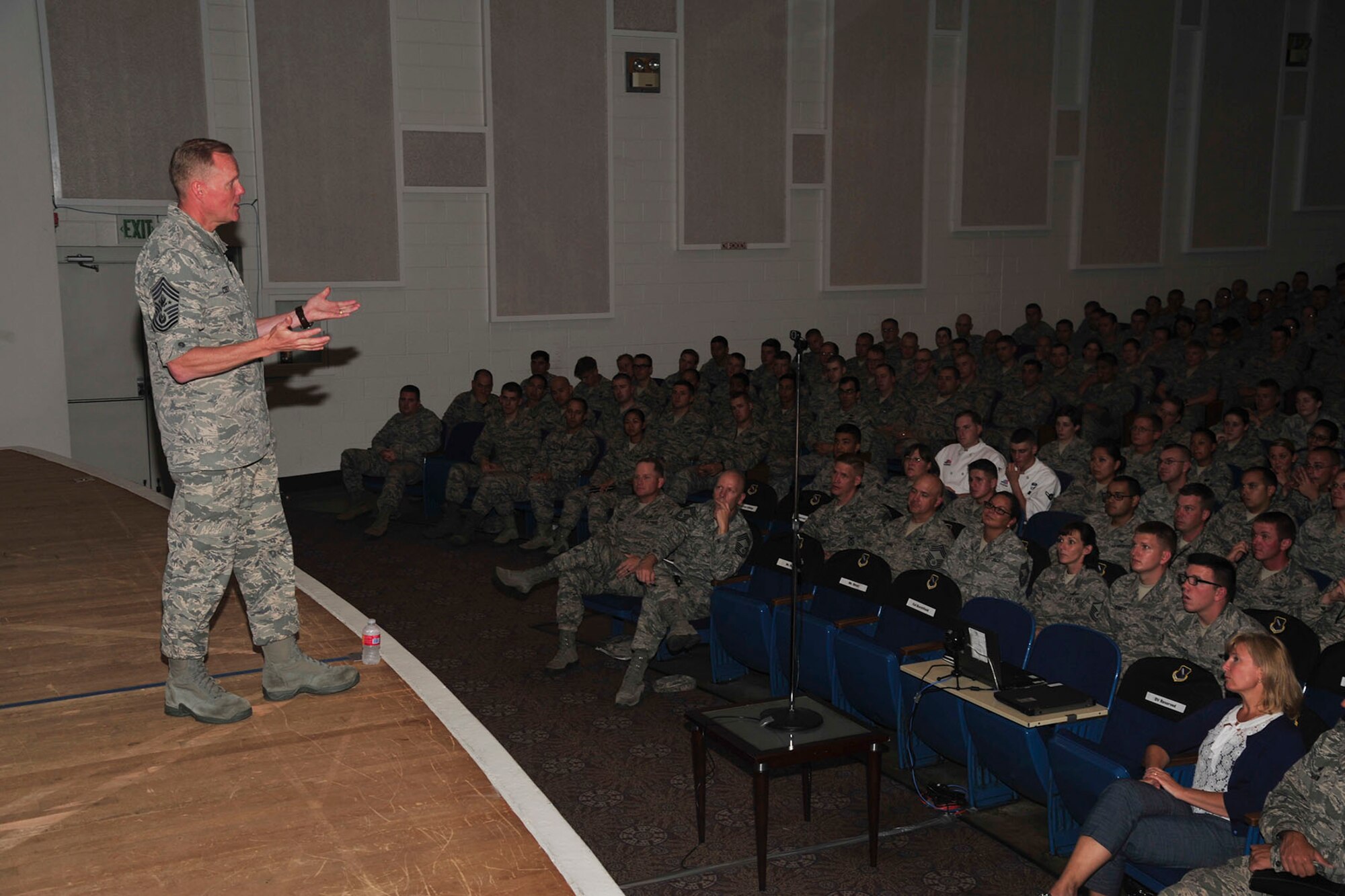 PETERSON AIR FORCE BASE, Colo. – Chief Master Sgt. of the Air Force James Cody hosted two Airmen’s Calls with Peterson personnel during his visit 24-25 July. Cody also toured the base, visited with and thanked Airmen, and discussed the challenges and rewards of being in the Air Force today. (U.S. Air Force photo/Robb Lingley)