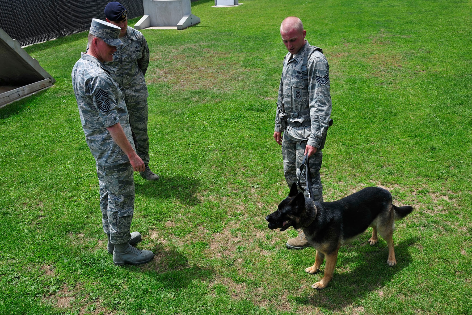 PETERSON AIR FORCE BASE, Colo. – Chief Master Sgt. of the Air Force James Cody (left), gets a military working dog demonstration July 25 at the 21st Security Forces Squadron. During his visit, Cody toured the base, visited with and thanked Airmen, hosted two Airmen’s Calls, and discussed the challenges and rewards of being in the Air Force today. (U.S. Air Force photo/Robb Lingley)