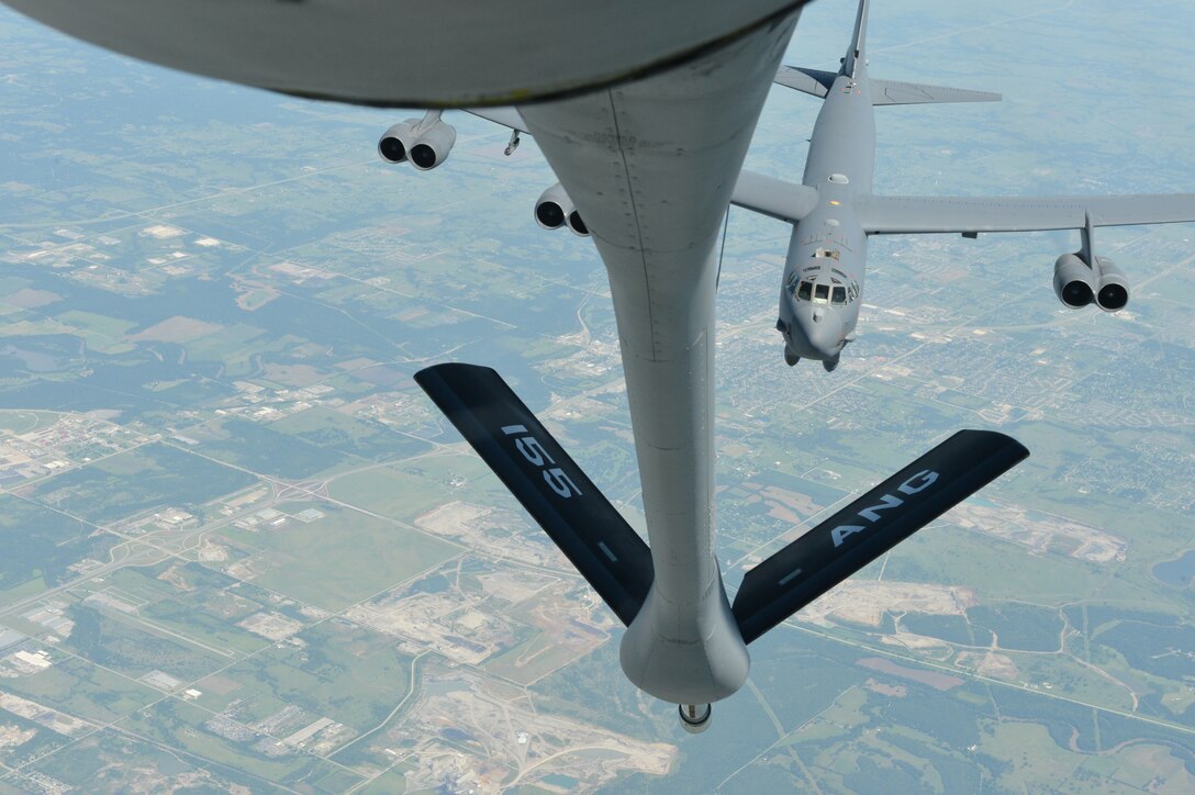 Nebraska Air National Guard refuels a B-52 as a training mission for the B-52 pilot. 